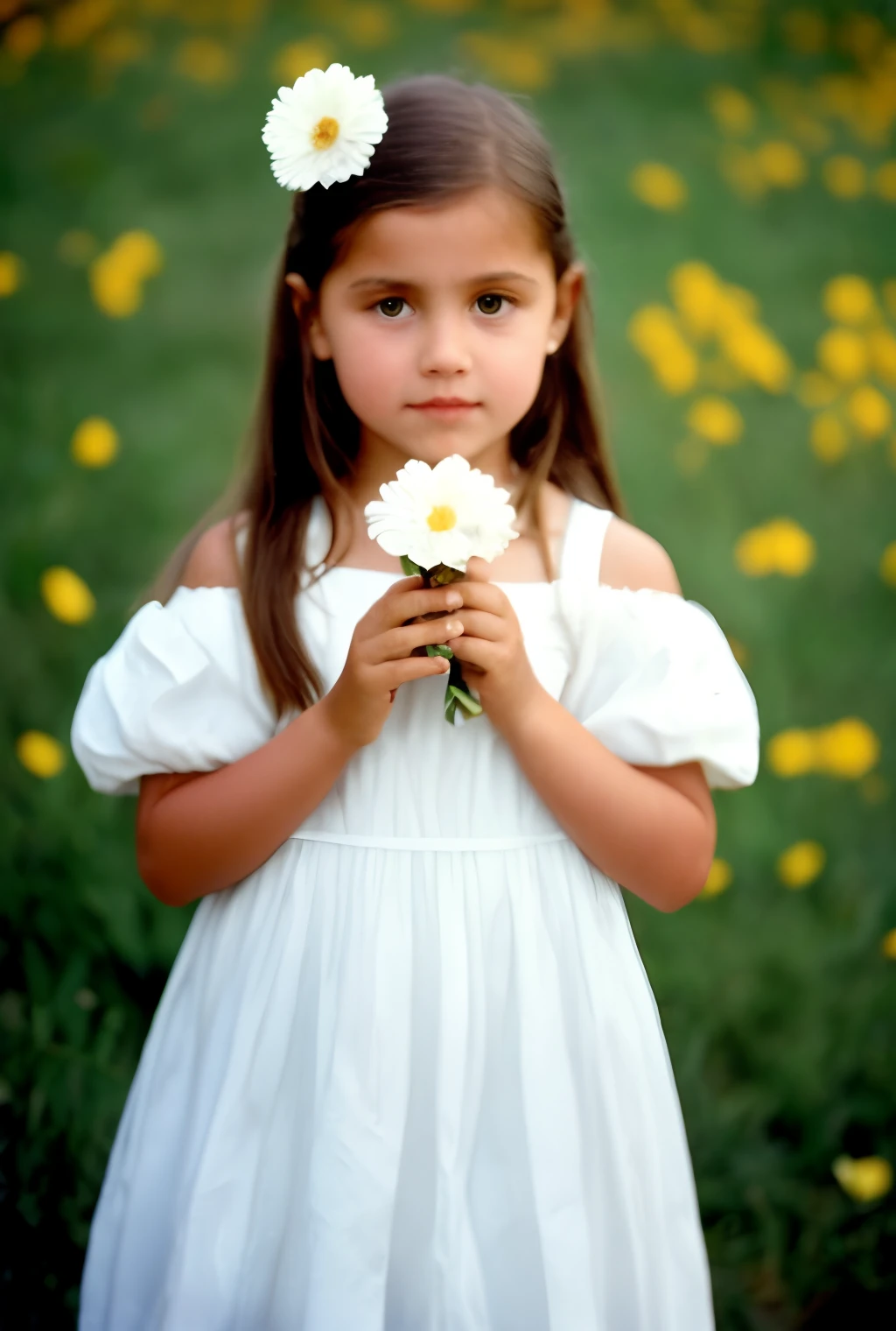 photo from the 90's A Child Girl wearing an elegant white dress making for a photo shoot holding a flower in her hand