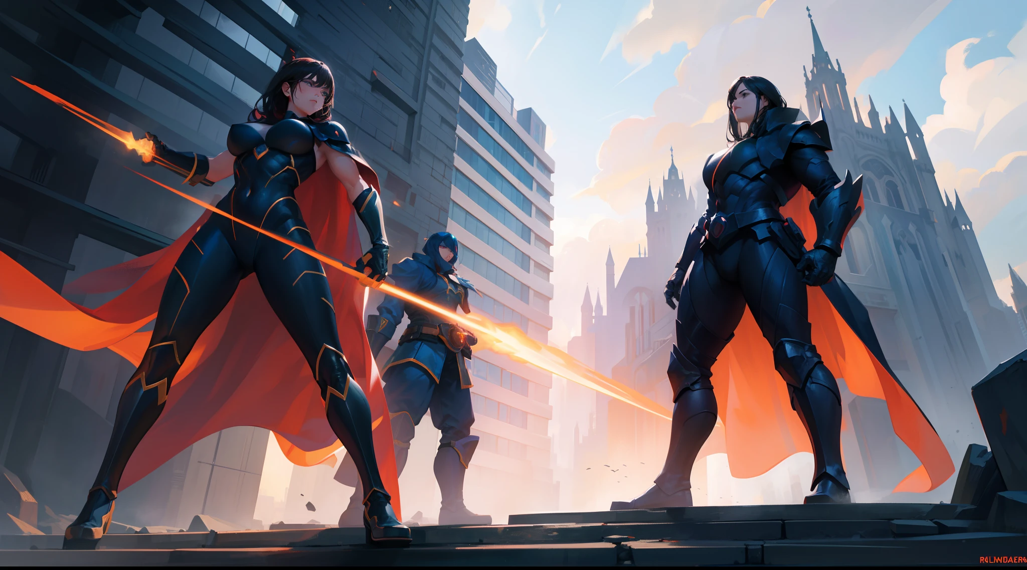 A beautiful and powerful heroine is fighting with a super villain in a big and fancy city, action scene, superpowers, full body shot, daylight, high definition, Ultra Quality, 8k, masterpiece, intricate details, volumetric light, dynamic compositing