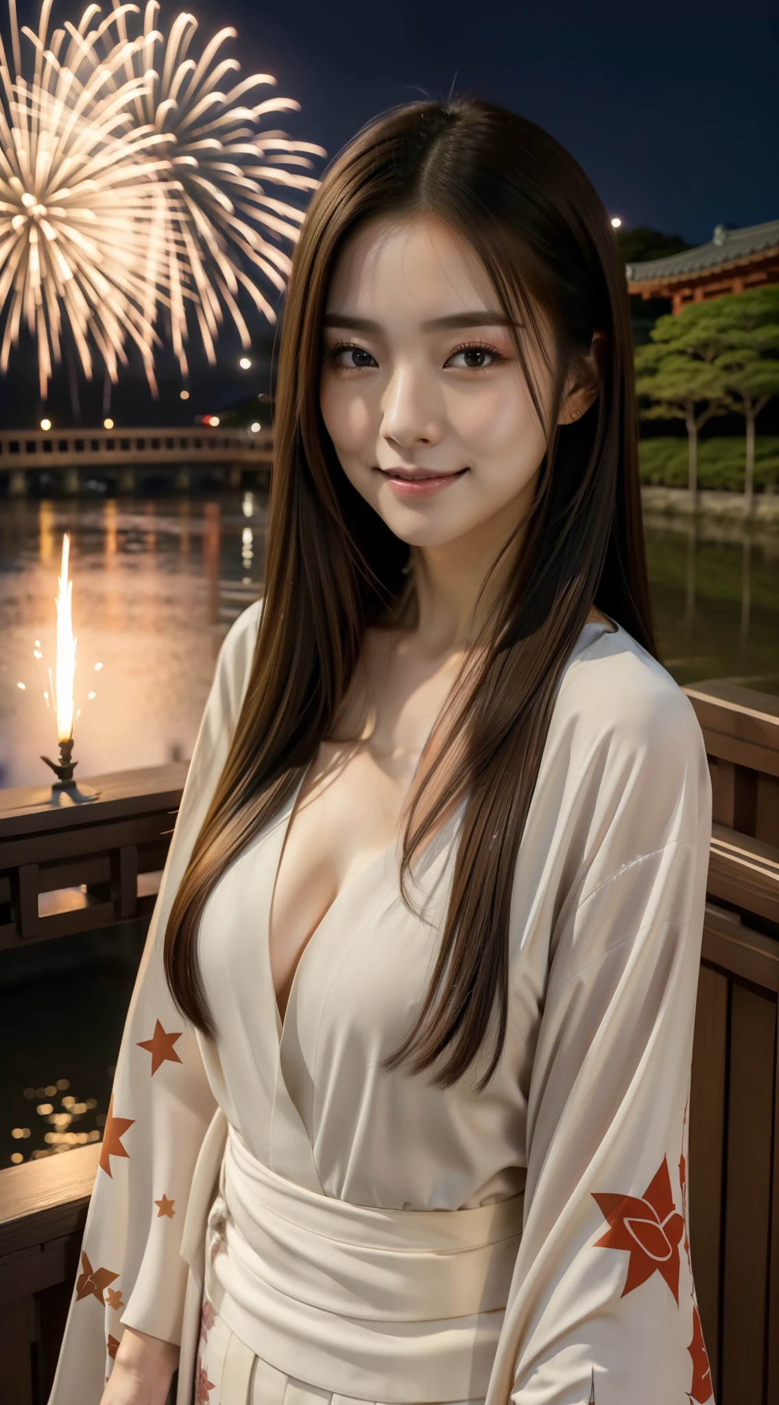 realistic photos of (1 cute Korean star) straight hair, thin makeup, Bust size 32 inches, slight smile, Wearing Kimono, on the Japanese bridge, night, fireworks is backdrop, upper body portrait, UHD