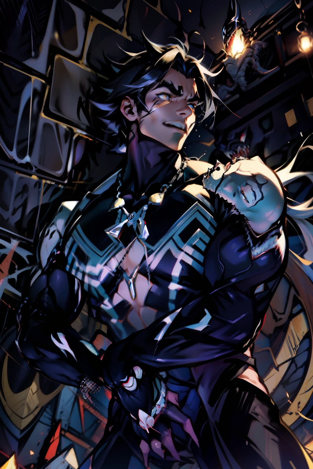 《the original god》Arataki Kazuto , male people, chest muscle, Sexy , Venom symbiote for your body, Black mucus of the body , into venom, venomize,Black bodysuit,(Cloak),Red cape,Abs,(Adult male)((Venom possession,venom symbiote)),over-Tortoise Man,Battle damage,((Masterpiece)), ((Best quality)), Ultra detailed,((illustration)), Dynamic Angle, Detailed light, (Delicate eyes), Floating, 1boy, Male focus, Head, Clothing, Yellow eyes, necklace, tattoo, (Forehead:0.8), (ahoge:0.8), jewelry, brunette color hair,apathy,Ray, chest muscle, Sexy , Venom symbiote for your body, Black mucus of the body , (into venom), Venom,frontage,Bust photo,White tight-fitting top,spiderman outfit,style of anime4 K, 4K anime wallpaper, Badass anime 8 K, 4 k comic wallpaper, young anime man, Anime boys, Anime wallpapers 4 k, Anime wallpaper 4K, High quality anime art style, Anime moe art style, Anime art wallpaper 8 K, Anime art wallpaper 4 K, RGB lighting,