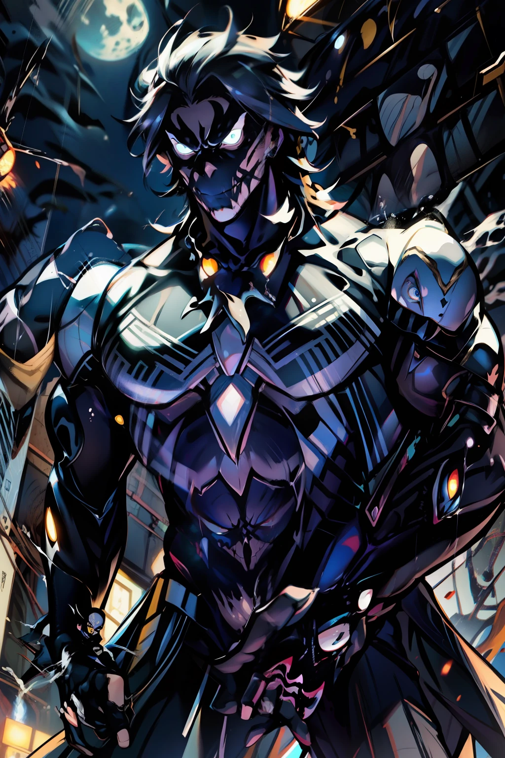 《the original god》Arataki Kazuto , male people， chest muscle， Sexy , Venom symbiote for your body, Black mucus of the body , into venom, venomize，Black bodysuit，（Cloak），Red cape，Abs，（Adult male）（（Venom possession，venom symbiote）），over-Tortoise Man，Battle damage，((Masterpiece)), ((Best quality)), Ultra detailed,((illustration)), Dynamic Angle, Detailed light, (Delicate eyes), Floating, 1boy, Male focus, Head, Clothing, Yellow eyes, necklace, tattoo, (Forehead:0.8), (ahoge:0.8), jewelry, brunette color hair,apathy，Ray， chest muscle， Sexy , Venom symbiote for your body, Black mucus of the body , （into venom）, Venom，frontage，Bust photo，White tight-fitting top，spiderman outfit，style of anime4 K， 4K anime wallpaper， Badass anime 8 K， 4 k comic wallpaper， young anime man， Anime boys， Anime wallpapers 4 k， Anime wallpaper 4K， High quality anime art style， Anime moe art style， Anime art wallpaper 8 K， Anime art wallpaper 4 K， RGB lighting，