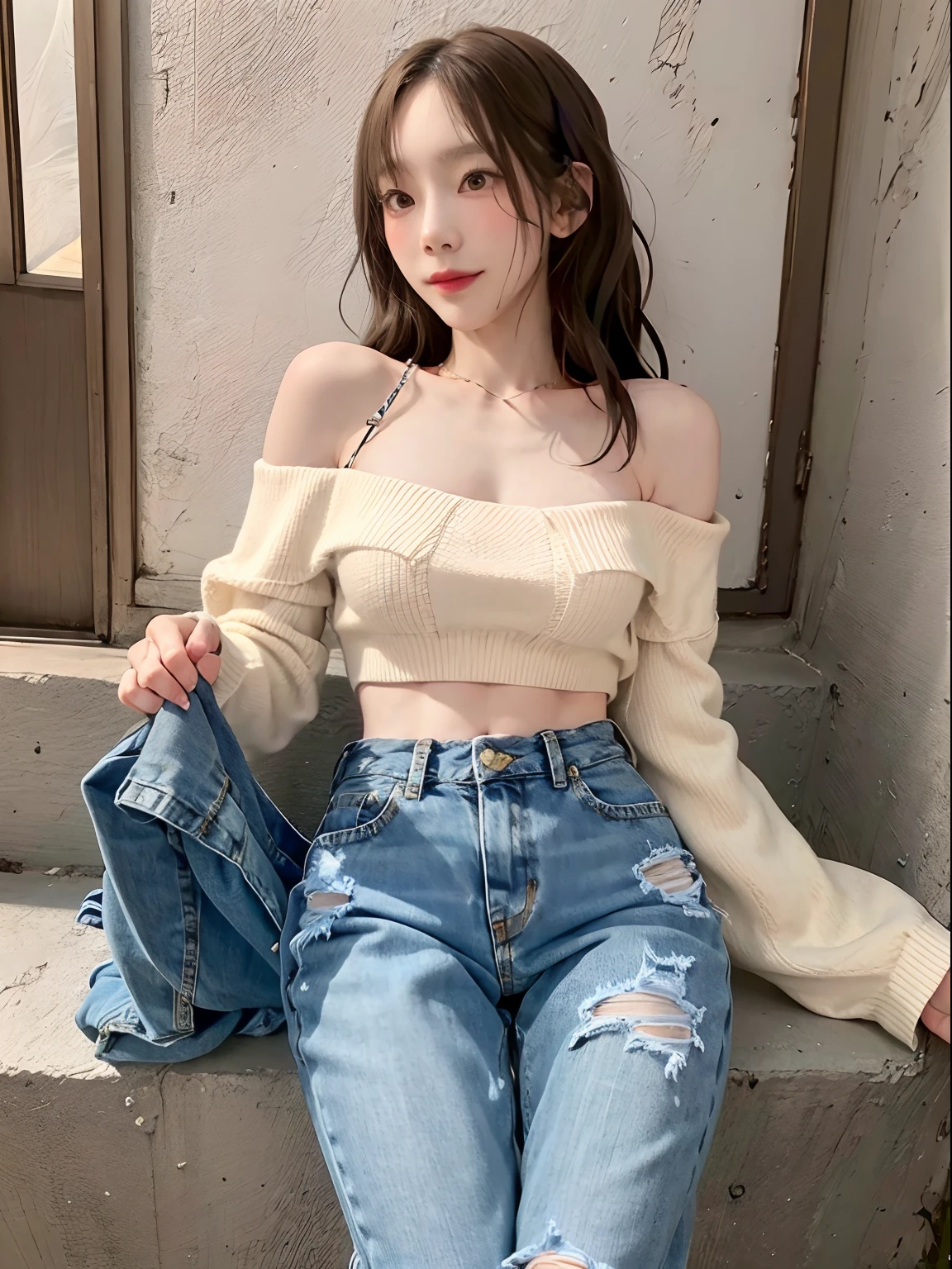 Film photography, Masterpiece, 1girll, Ripped denim, White shirt, White sneakers, Shopping, Seductive smile, Medium breast, full bodyesbian, drunk blush:1.5, black wavy shoulder-length hair, serene, calm, (Realistic detailed eyes, Natural skin texture, Realistic face details), Soft dramatic lighting, Depth of field, Bokeh, vibrant detail, finely detailed, Hyperrealistic，A woman without clothes