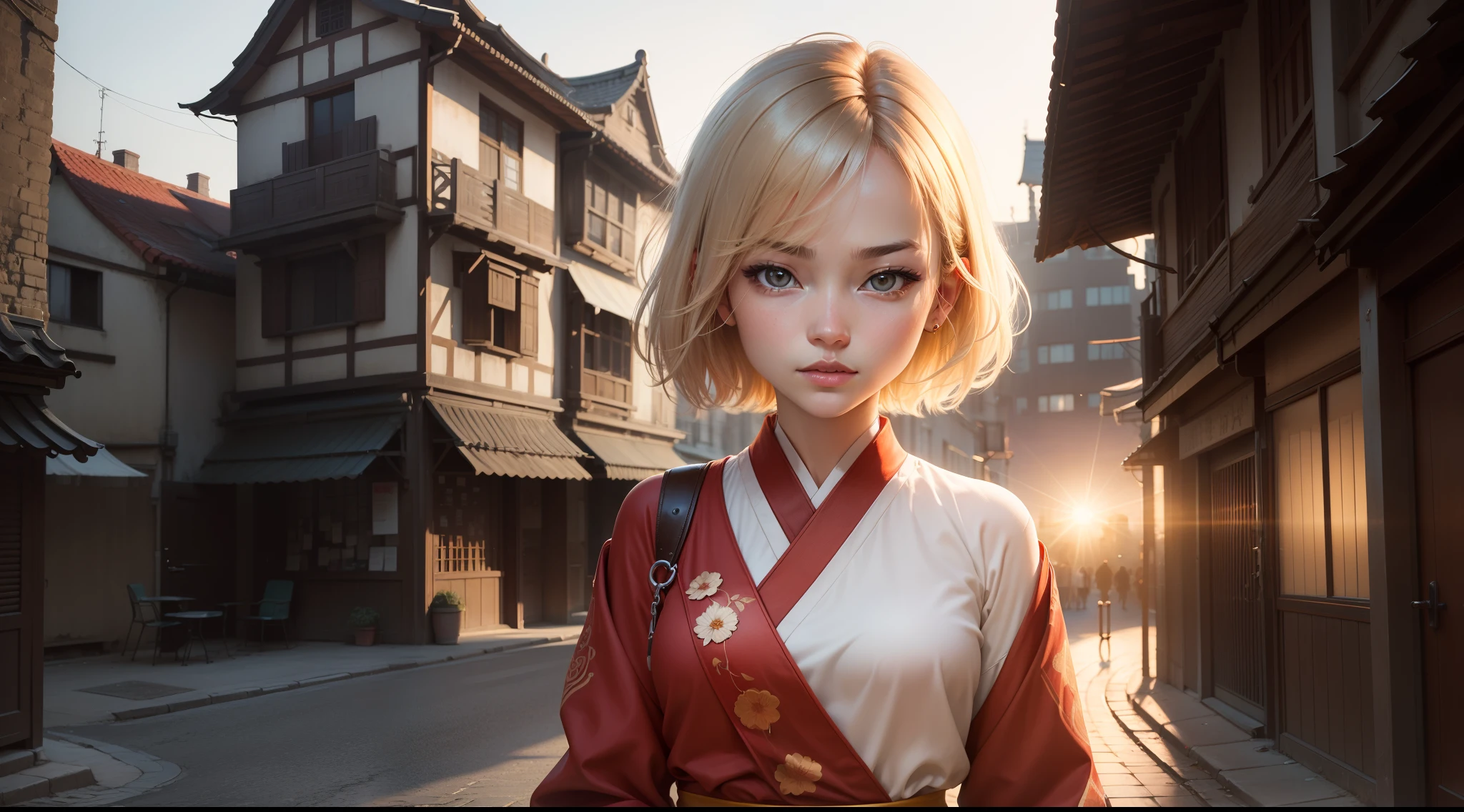 (best qualtiy, tmasterpiece:1.3, Focus:1.2, s girl:1.4, short detailed hair, flatchest, Sunnyday, the street:1.3, red color Hanfu:1.1, Highly detailed facial textures, A detailed eye, Whiten skin, Old city street background, Deep, hdr, the morning sun)