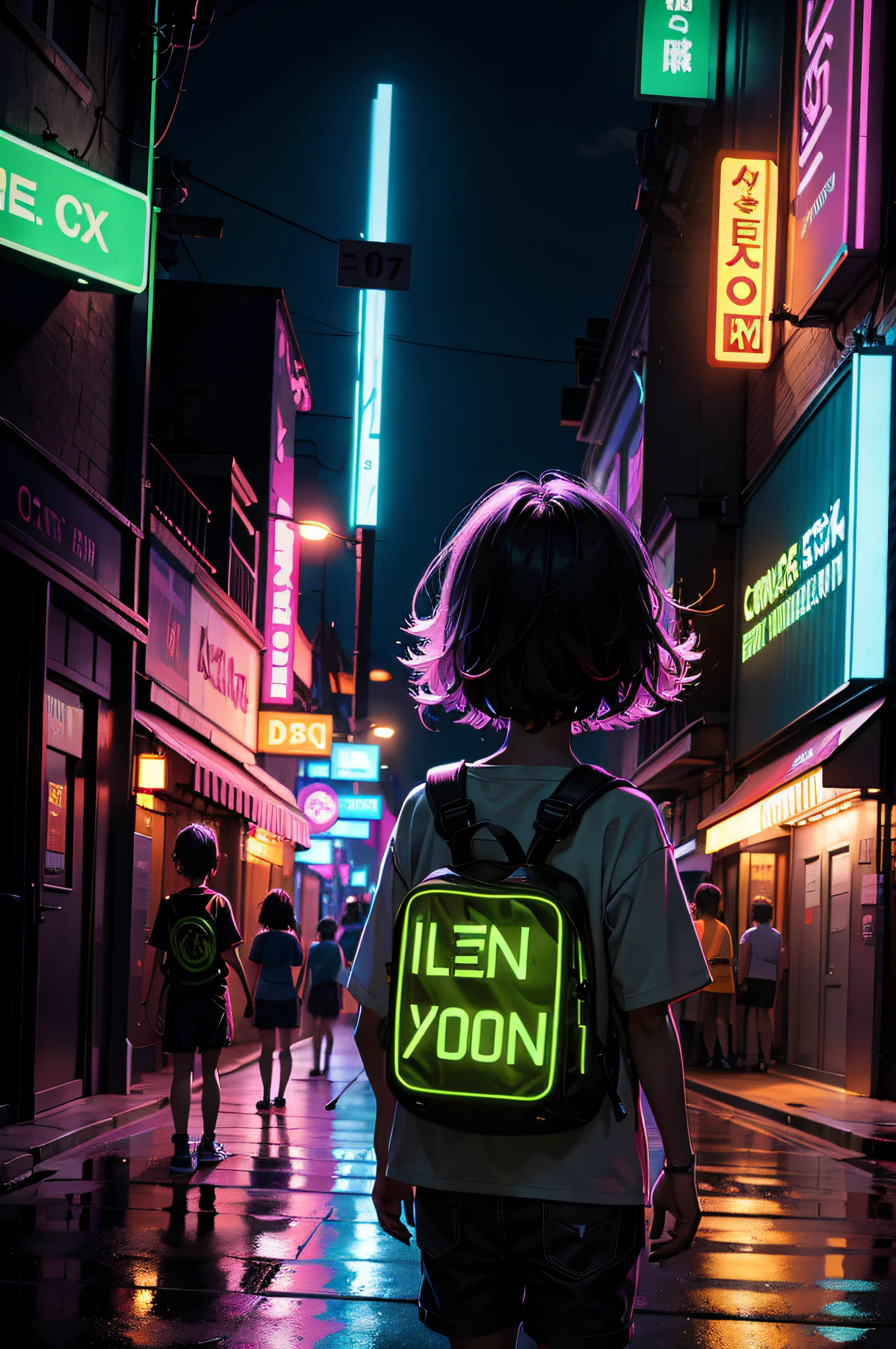 There's a boy walking down a street with a neon backpack, Rua Neon, inspirado em Liam Wong, neon brilhante, neon iluminado, brilho neon, Neon Night, Arte no estilo de Guweiz, cyberpunk neon, neon city, Seseon Yoon, glowing neon, estilo cyberpunk neon, arte conceitual brilho neon, Neon Noir, neon tokyo