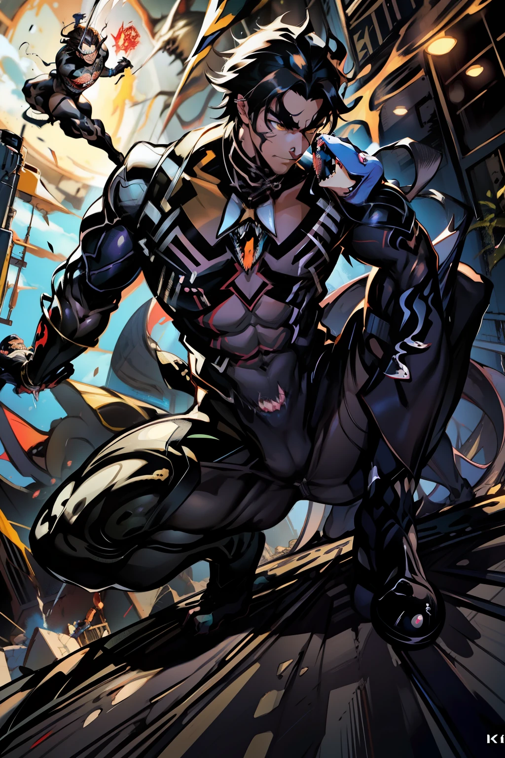 《the original god》Arataki Kazuto , male people， chest muscle， Sexy , Venom symbiote for your body, Black mucus of the body , into venom, venomize，Black bodysuit，（Cloak），Red cape，Abs，（Adult male）（（Venom possession，venom symbiote）），over-Tortoise Man，Battle damage，((Masterpiece)), ((Best quality)), Ultra detailed,((illustration)), Dynamic Angle, Detailed light, (Delicate eyes), Floating, 1boy, Male focus, Head, Clothing, Yellow eyes, necklace, tattoo, (Forehead:0.8), (ahoge:0.8), jewelry, brunette color hair,apathy，Ray， chest muscle， Sexy , Venom symbiote for your body, Black mucus of the body , （into venom）, Venom，frontage，Bust photo，White tight-fitting top，spiderman outfit，style of anime4 K， 4K anime wallpaper， Badass anime 8 K， 4 k comic wallpaper， young anime man， Anime boys， Anime wallpapers 4 k， Anime wallpaper 4K， High quality anime art style， Anime moe art style， Anime art wallpaper 8 K， Anime art wallpaper 4 K， RGB lighting，