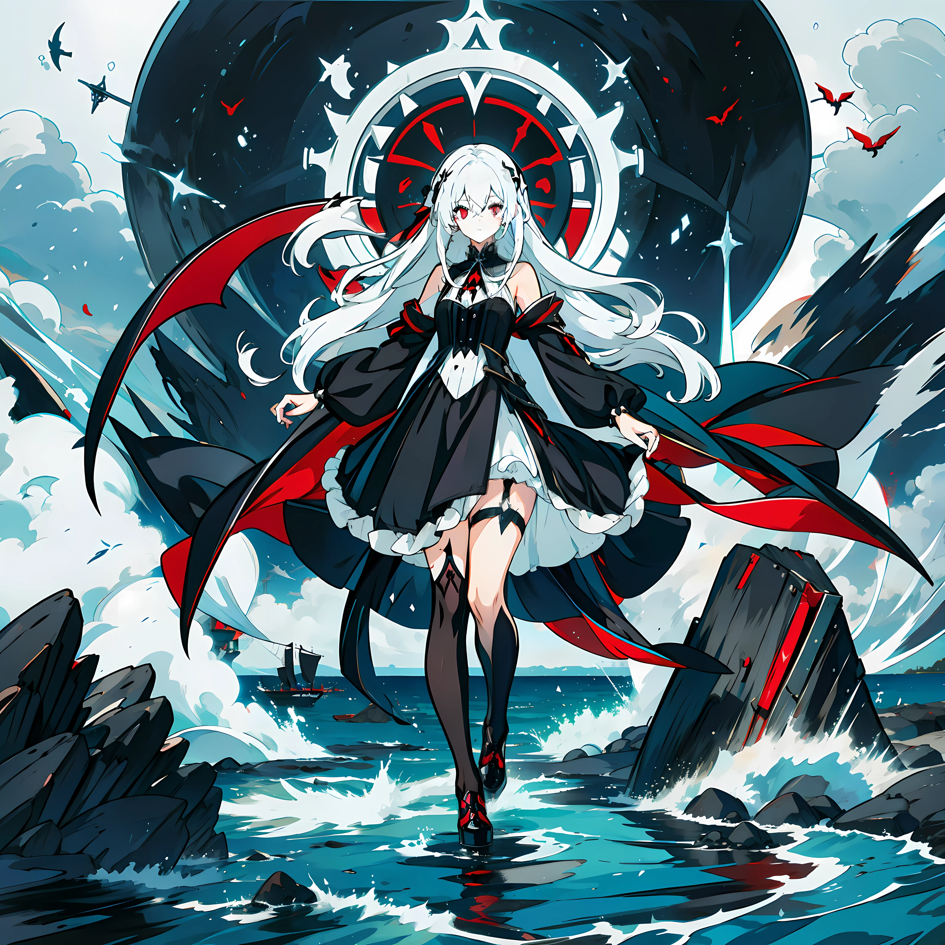 White color hair，goth style，Black shoes，black lence stockings，black long dress，Full body skirt，Heteropupil，Left Blue Right Red，Vampires，Single girl anime full body，standing on the sea side，Lovely wind