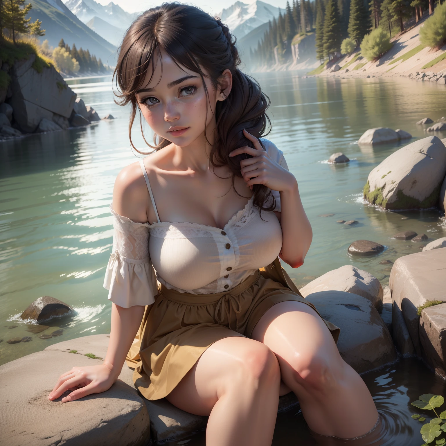 top-quality, masterpiece, 1girl in, (photographrealistic:1.3), Rim Lighting, (High Detail Skins:1.2), 8K UHD, Digital SLR, hightquality, hight resolution, 4K, 8K, absurderes, best ratio four finger and one thumb, (realisitic:1.3),middlebreast,Behind the scenes of a girl fishing in a mountain stream,Sunny evening,Blushing cheeks