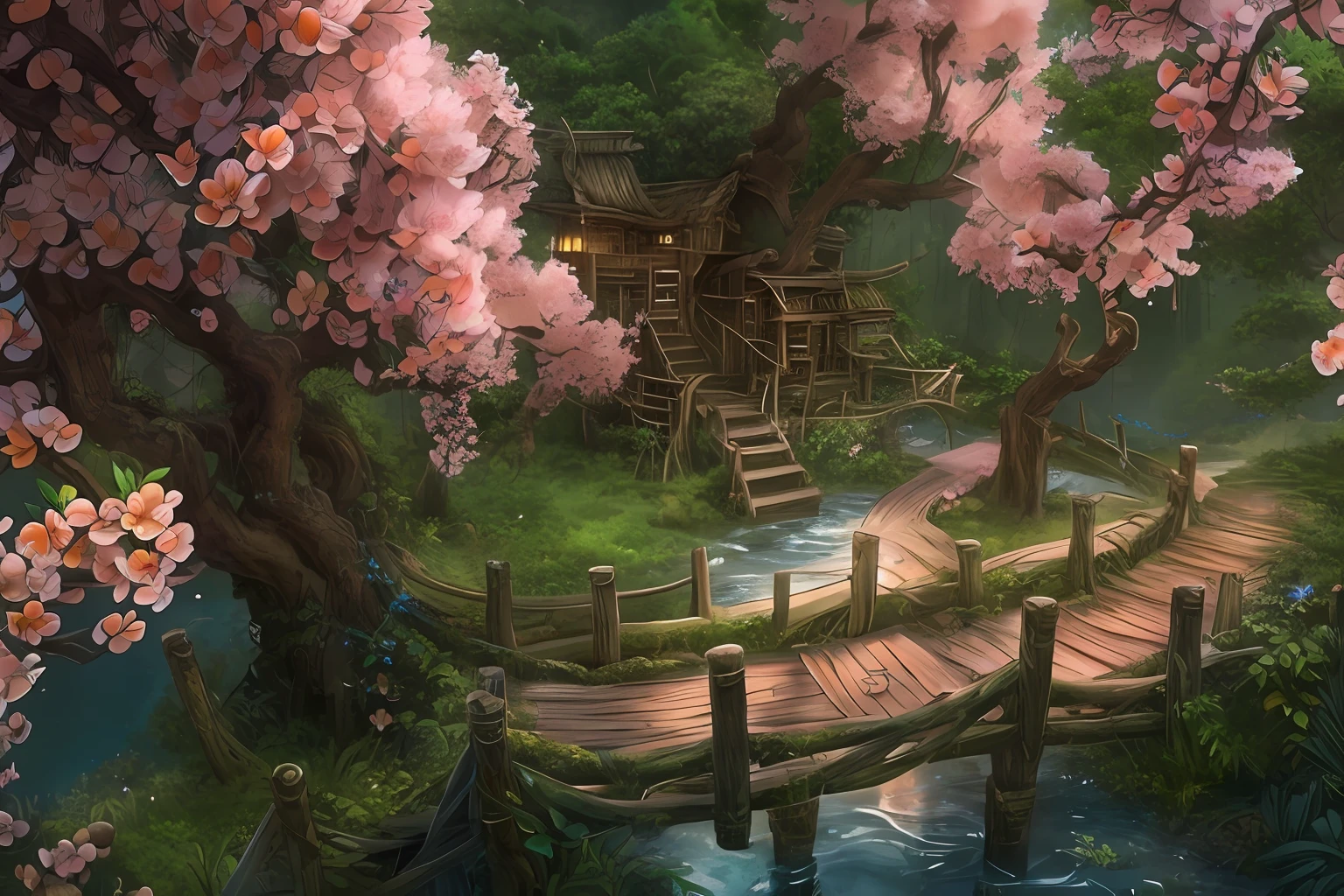 awardwinning, concept-art, fine art, epic fantasy digital art, bird's eyes view，Cinematic lighting,Downward view，super wide shot，Viewing angle from afar，depth of fields，The beauty of the fairytale forest，waterfallr，Quaint, Picturesque, Rustic, Lush big breasts, ((lawns;1.3)), ((Peach blossom tree:1.5)), Small rivers, ((Many tree houses)), ((The tree house is connected to the tree house by a wooden bridge)), ((Ivy is intricate)), Epic, ((Cinematic lighting)), High quality, High contrast, Realistic lighting,4K textures, photolab, hdr, ((iintricate)), elegant, Highly detailed, Sharp focus, insanely details, Intricate details, ultra - detailed, Harsh movie light, Outdoor atmosphere,tmasterpiece，best qualtiy，（Very detailed CG unity 8K wallpaper），（best qualtiy），（Most Best Illustration），（Best shadow），glowing sprites，Natural elements in the forest theme。Mysterious Forest，Beautiful forest，naturey，surrounded by flower，Delicate leaves and branches are surrounded by fireflies（nature elements），（Jungle theme），（Foliage），（tree branch），（Particle effect）wait。3D ，  Ray traching，