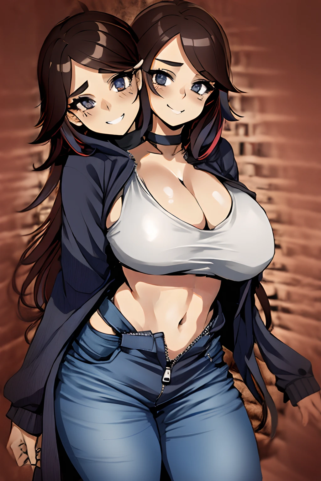 2heads, a short chubby woman with 2 heads. She has enormous fake augmented breasts. Her breasts are extremely circular and perky. She has long brown hair. She is wearing an unzipped colorful baggy hoodie with nothing underneath. She is outside in a village at night. She is wearing jeans. She has massive fake augmented breasts. She is smiling. She looks punky. She is blushing. Her breasts are extremely huge and circular.