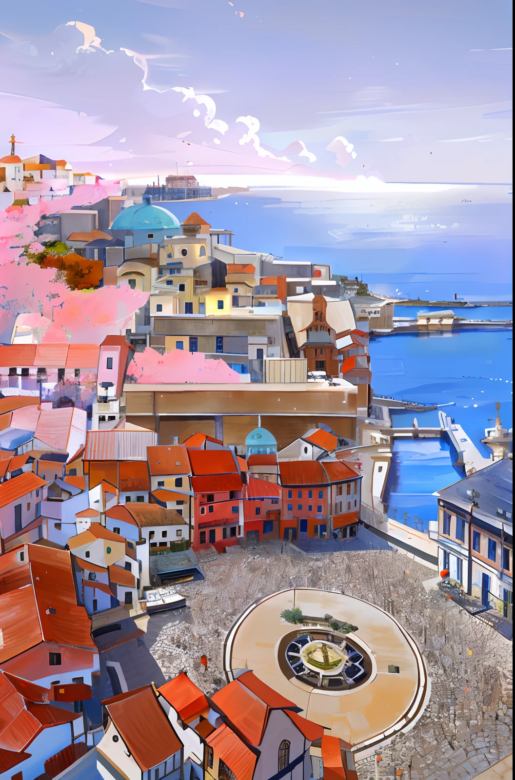城市,European-style ancient town,seaport,White walls,orange roof,Central square,European-style architecture on the Mediterranean coast,Sunnyday