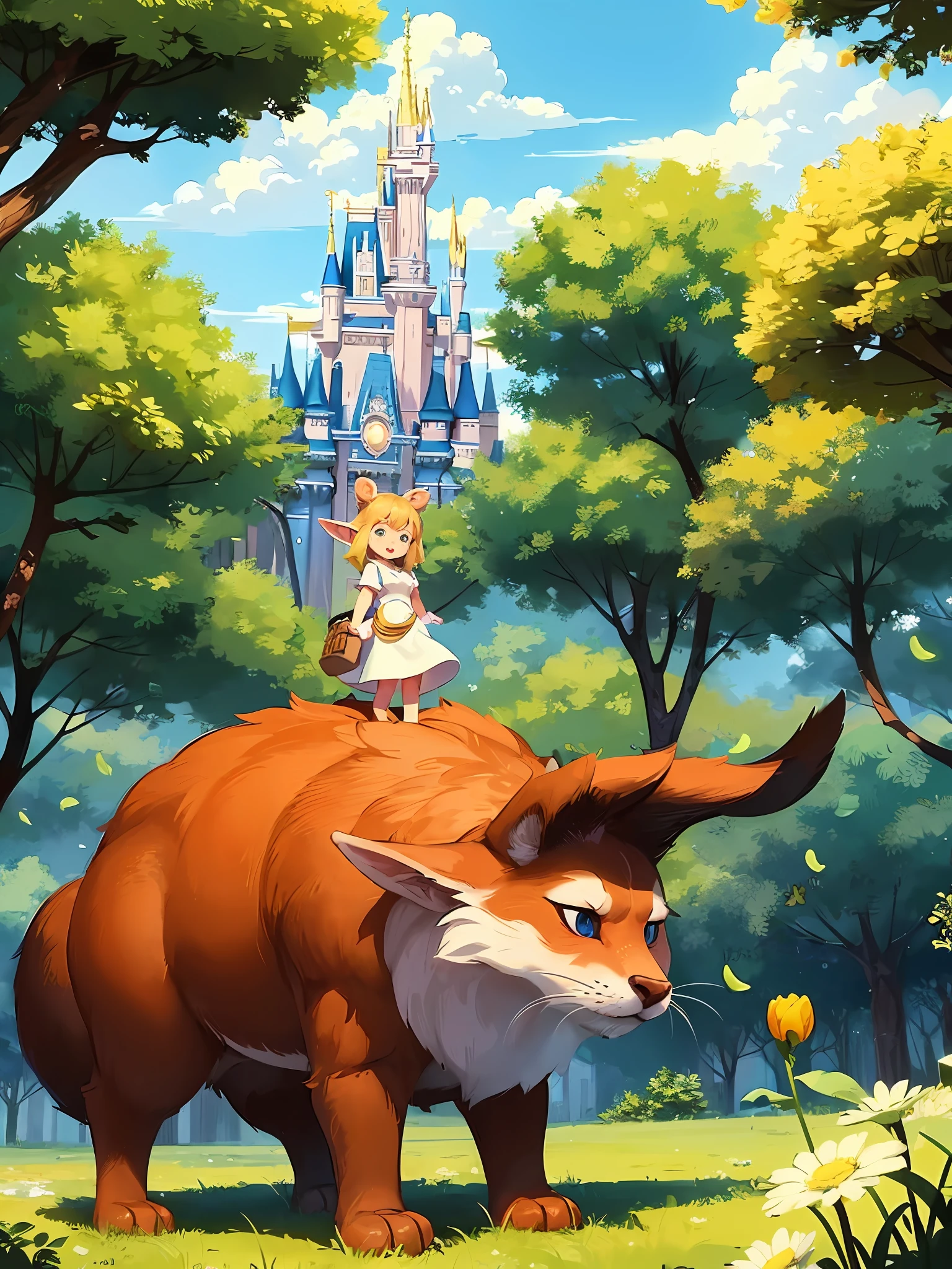 Lucy embarks on this journey with a brave heart。She meets all kinds of critters and elves in the forest，Disney  style，Animate，Cartoony