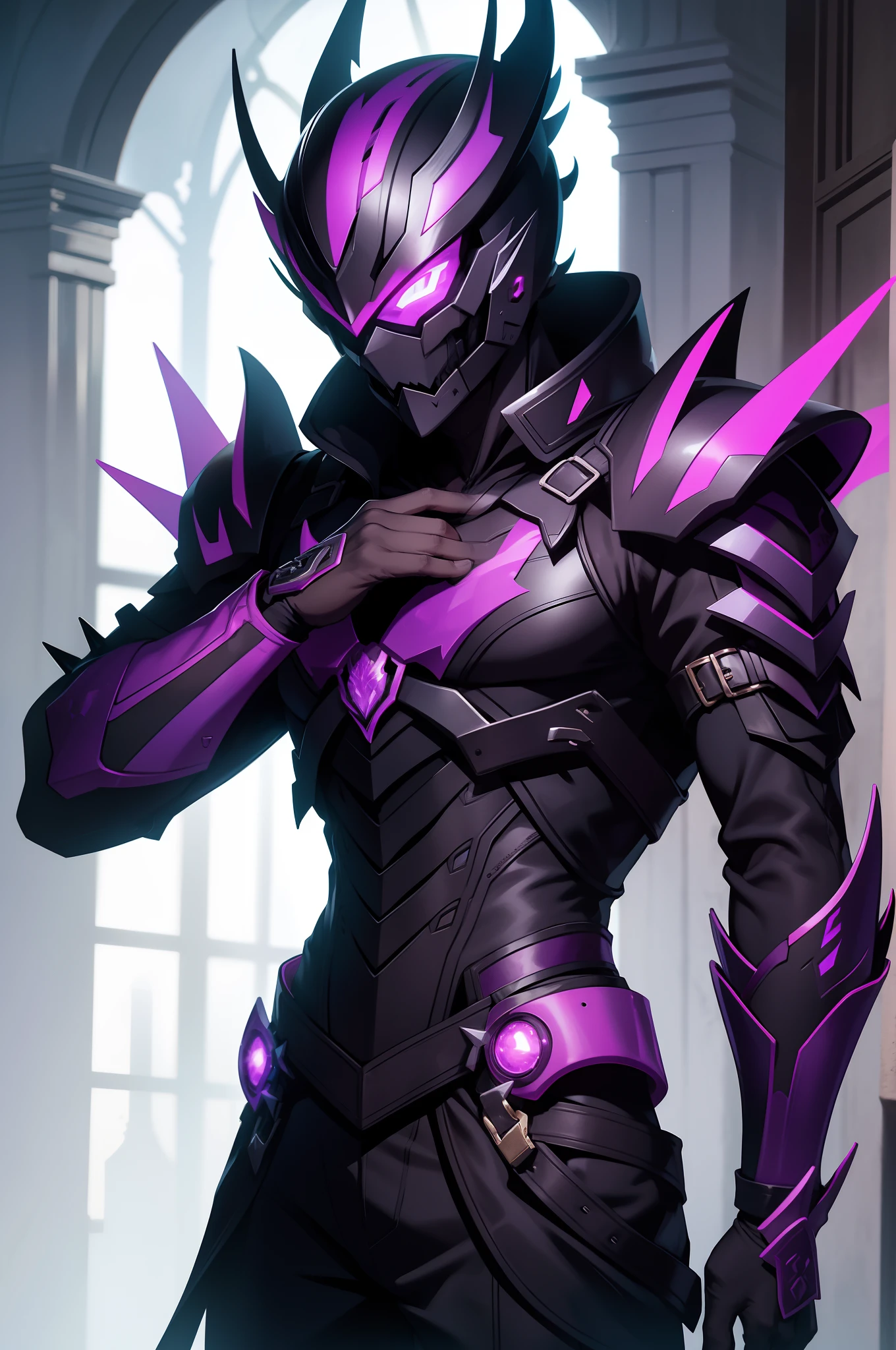 solo male, black armor, purple flames, spikes, skull helmet, fantasy, slim