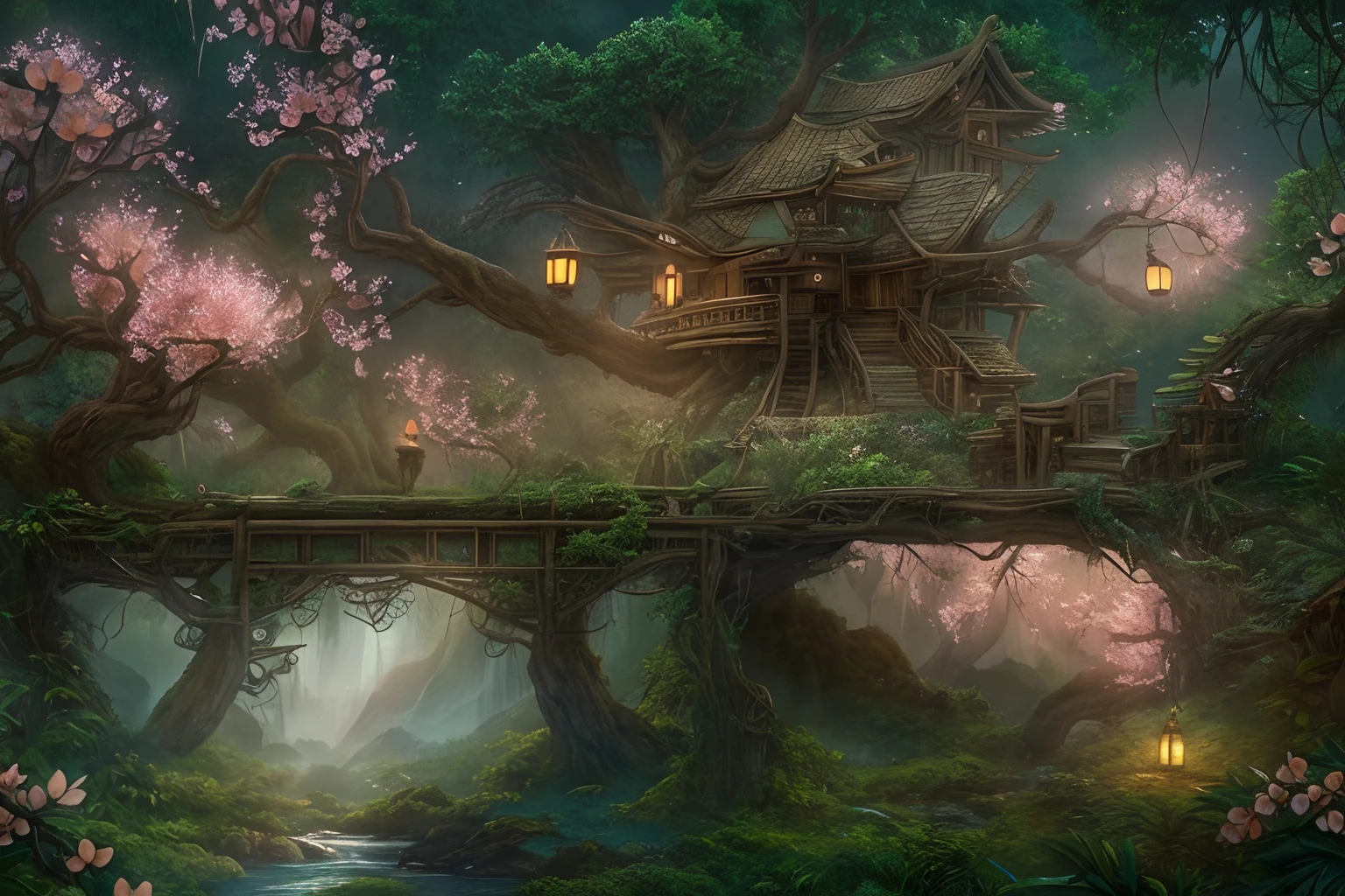 awardwinning, concept-art, fine art, epic fantasy digital art, bird's eyes view，Cinematic lighting,Downward view，super wide shot，Viewing angle from afar，depth of fields，The beauty of the fairytale forest，waterfallr，Quaint, Picturesque, Rustic, Lush big breasts, ((lawns;1.3)), ((Peach blossom tree:1.5)), Small rivers, ((Many tree houses)), ((The tree house is connected to the tree house by a wooden bridge)), ((Ivy is intricate)), Epic, ((Cinematic lighting)), High quality, High contrast, Realistic lighting,4K textures, photolab, hdr, ((iintricate)), elegant, Highly detailed, Sharp focus, insanely details, Intricate details, ultra - detailed, Harsh movie light, Outdoor atmosphere,tmasterpiece，best qualtiy，（Very detailed CG unity 8K wallpaper），（best qualtiy），（Most Best Illustration），（Best shadow），glowing sprites，Natural elements in the forest theme。Mysterious Forest，Beautiful forest，naturey，surrounded by flower，Delicate leaves and branches are surrounded by fireflies（nature elements），（Jungle theme），（Foliage），（tree branch），（Particle effect）wait。3D ，  Ray traching，