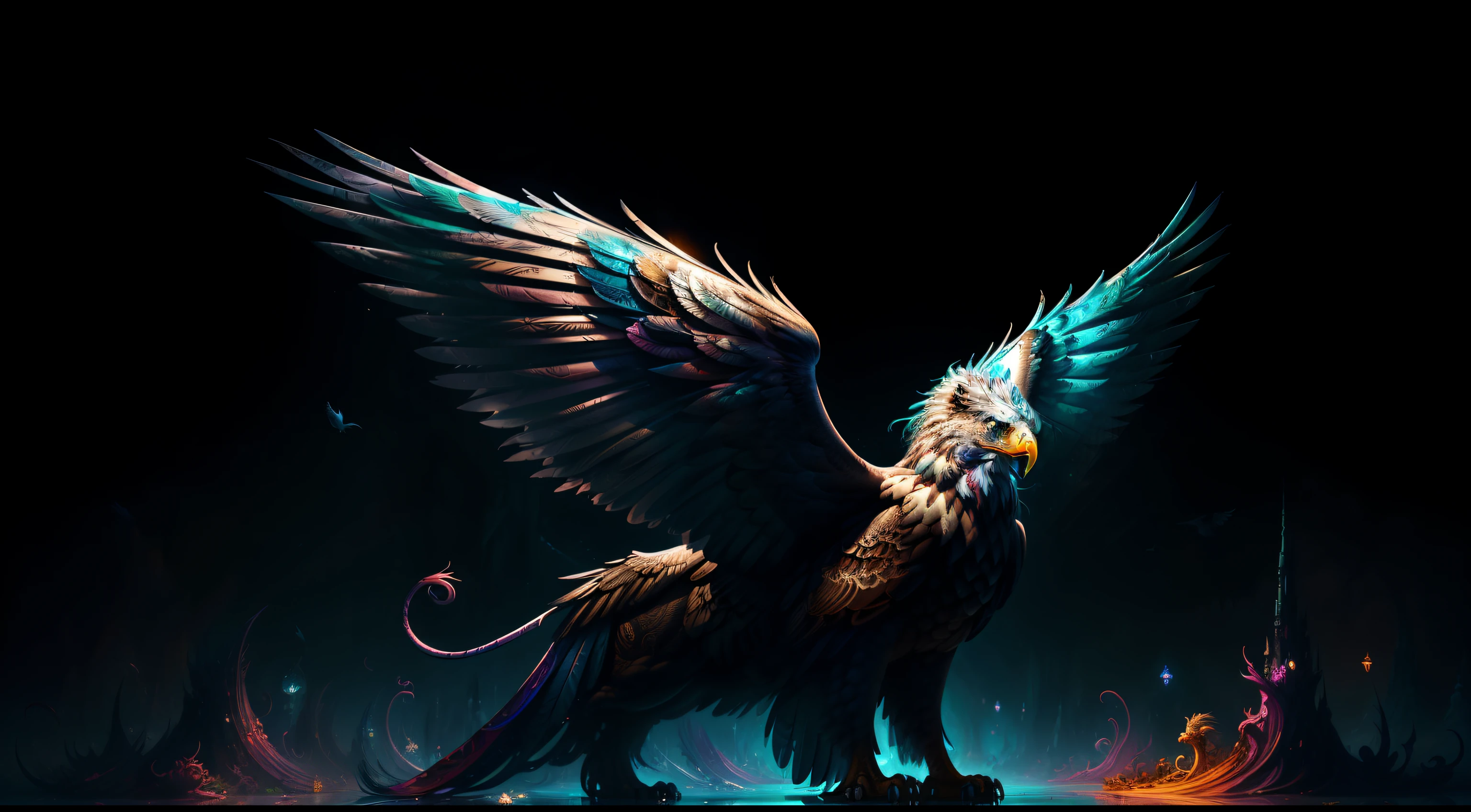 Best quality, masterpiece, super high resolution, no human, an adult griffon in a futuristic cyberpunk garden, enchanting, high detail, (eagle face), (lion body), (large wings), looking at camera, masterpiece (realistic texture: 1.2), (realistic details: 1.2), (realistic details: 1.2), ([front | side]:1.1), HDR, ultra-refined 3D modeling, as magical as the style paintings painted by Tim Burton, Dale Chihuly, Xiaolongcheng, Cyril Rolando and other authors such as Jr. Gigue. Shadows and lighting intertwine to create brilliant effects.