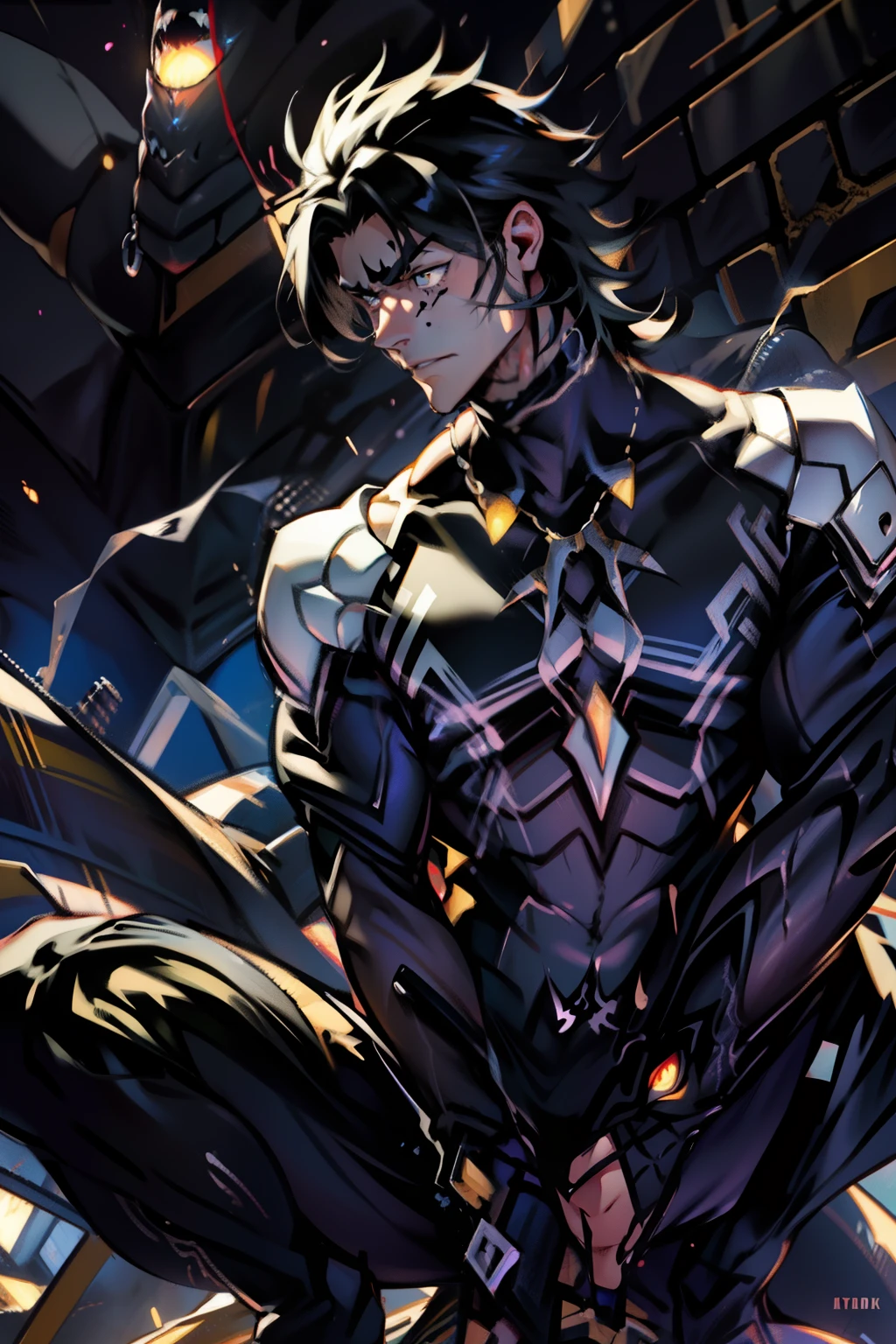 《the original god》Arataki Kazuto , male people， chest muscle， Sexy , Venom symbiote for your body, Black mucus of the body , into venom, venomize，Black bodysuit，（Cloak），Red cape，Abs，（Adult male）（（Venom possession，venom symbiote）），over-Tortoise Man，Battle damage，((Masterpiece)), ((Best quality)), Ultra detailed,((illustration)), Dynamic Angle, Detailed light, (Delicate eyes), Floating, 1boy, Male focus, Head, Clothing, Yellow eyes, necklace, tattoo, (Forehead:0.8), (ahoge:0.8), jewelry, brunette color hair,apathy，Ray， chest muscle， Sexy , Venom symbiote for your body, Black mucus of the body , （into venom）, Venom，frontage，Bust photo，White tight-fitting top，spiderman outfit，style of anime4 K， 4K anime wallpaper， Badass anime 8 K， 4 k comic wallpaper， young anime man， Anime boys， Anime wallpapers 4 k， Anime wallpaper 4K， High quality anime art style， Anime moe art style， Anime art wallpaper 8 K， Anime art wallpaper 4 K， RGB lighting，
