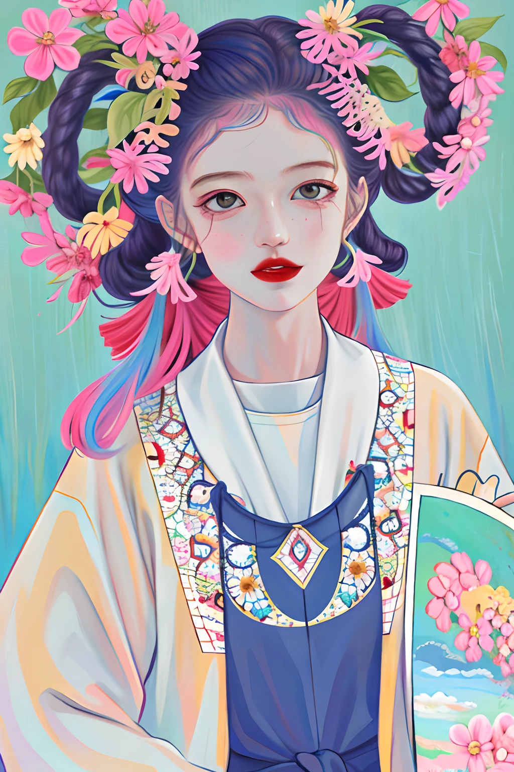 Masterpiece, Best quality, spring outfit, Colorful hair,  Outdoor, MagazineCover ,Upper body,