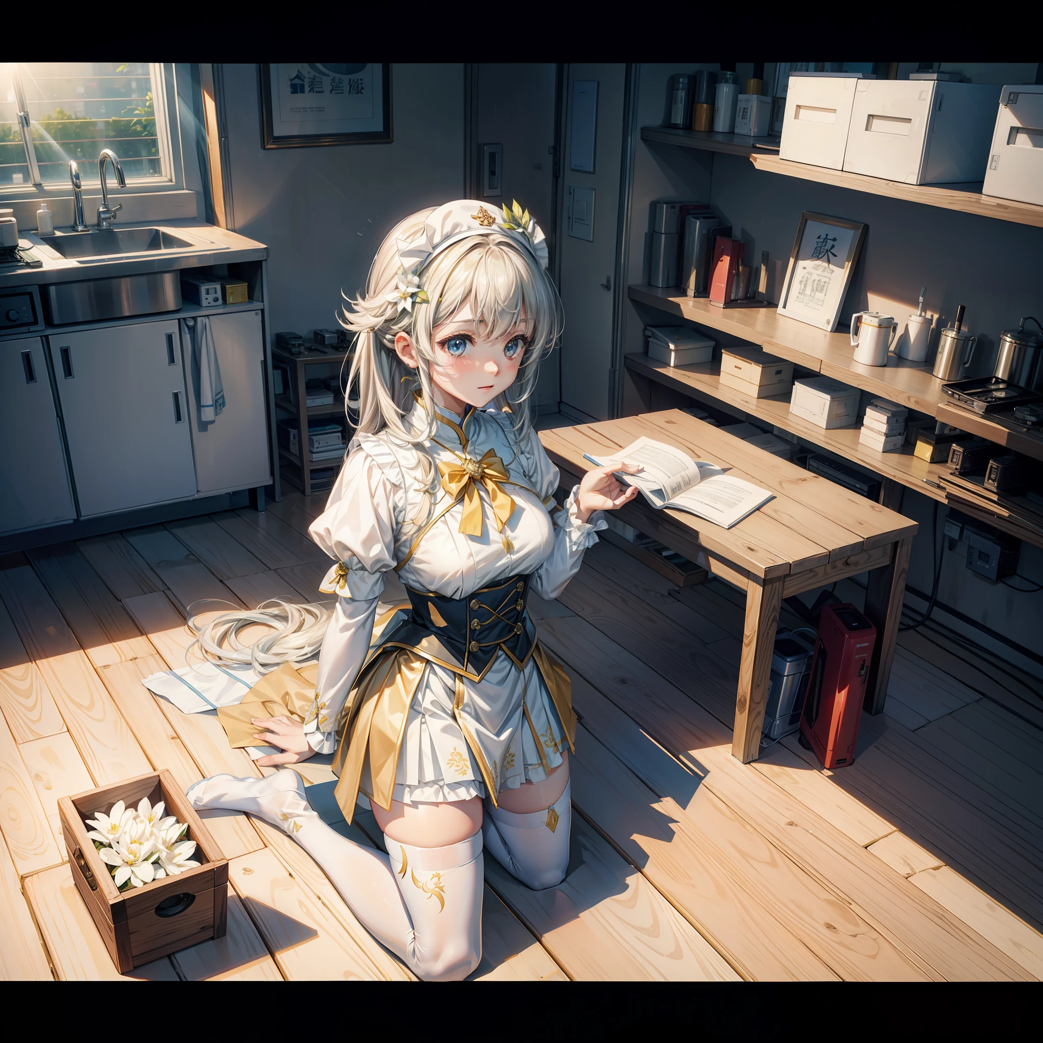 (8K,best qualtiy,tmasterpiece:1.2),(realisticlying,realisticlying:1.2),ultra - detailed,best qualtiy,超高分辨率,profesional lighting,photon maping,Radio City,physically-based renderingt,maidennurse,Wallpapers,Ray traching,(锁链:1.8),rays of sunshine:1.5,a skirt,(white stockings:1.2)((Kneeling pose))