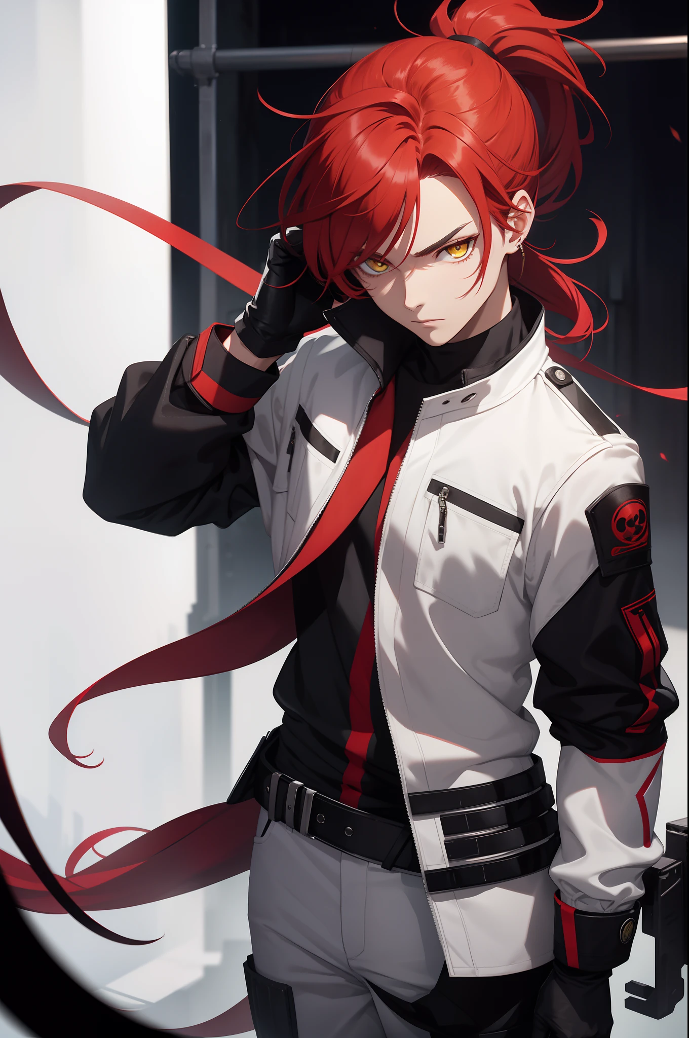 solo male, ponytail, red hair, yellow eyes, white white, black pants, black gloves