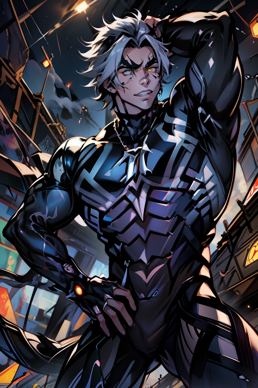 《the original god》Arataki Kazuto , male people, chest muscle, Sexy , Venom symbiote for your body, Black mucus of the body , into venom, venomize,Black bodysuit,(Cloak),Red cape,Abs,(Adult male)((Venom possession,venom symbiote)),over-Tortoise Man,Battle damage,((Masterpiece)), ((Best quality)), Ultra detailed,((illustration)), Dynamic Angle, Detailed light, (Delicate eyes), Floating, 1boy, Male focus, Head, Clothing, Yellow eyes, necklace, tattoo, (Forehead:0.8), (ahoge:0.8), jewelry, brunette color hair,apathy,Ray, chest muscle, Sexy , Venom symbiote for your body, Black mucus of the body , (into venom), Venom,frontage,Bust photo,White tight-fitting top,spiderman outfit,style of anime4 K, 4K anime wallpaper, Badass anime 8 K, 4 k comic wallpaper, young anime man, Anime boys, Anime wallpapers 4 k, Anime wallpaper 4K, High quality anime art style, Anime moe art style, Anime art wallpaper 8 K, Anime art wallpaper 4 K, RGB lighting,