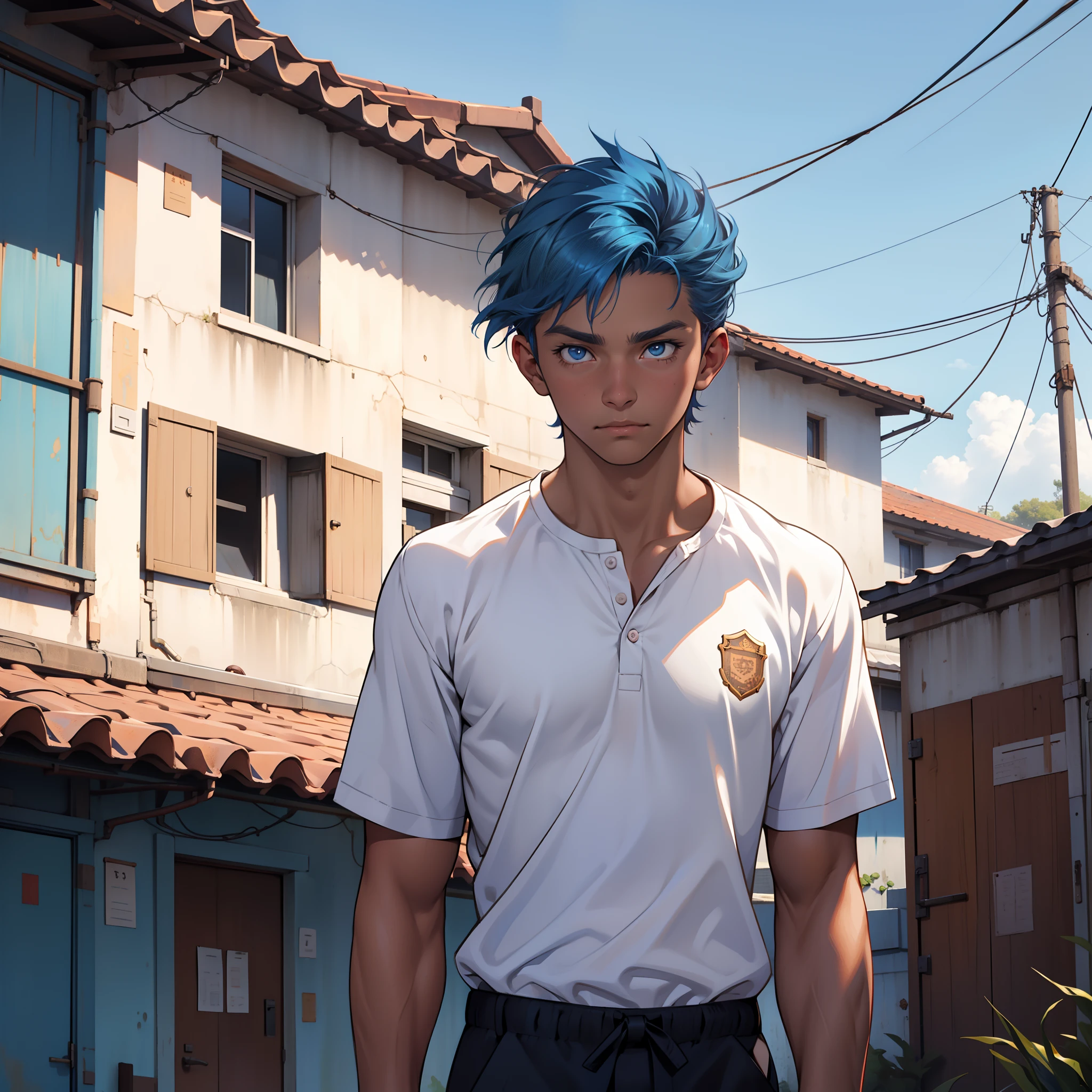un joven estudiante esta atras de el mirandolo De pie sin camisa en lo alto de la escuela, Looking if the tanned skin of the back shirt is 14 years male copper skin to a nearby city is on the roof of the school has 14 years blue hair blue eyes male gender