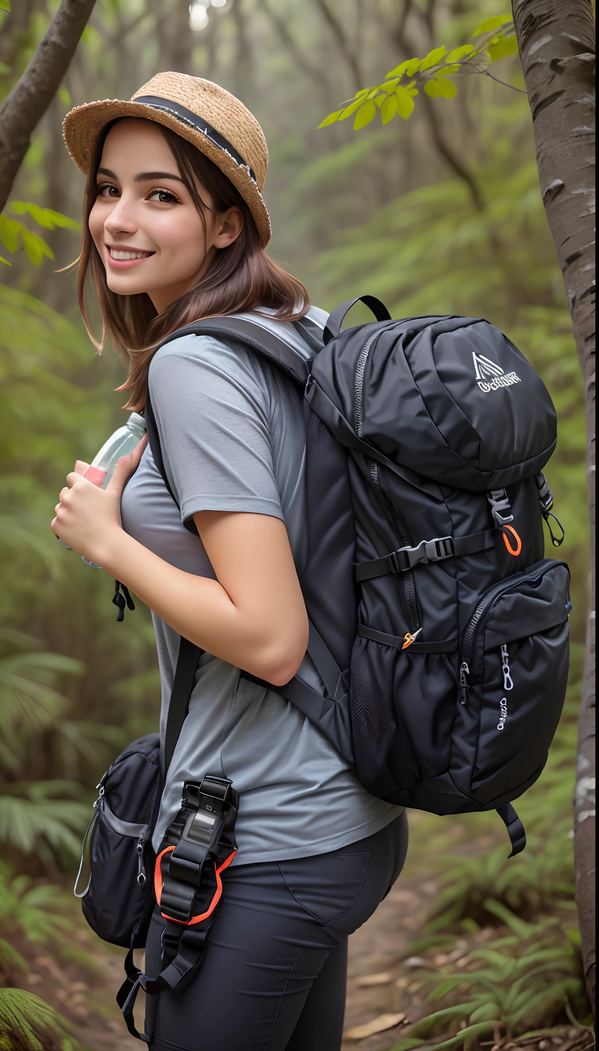 mulher linda arafed com cintura fina, Thin hip and toned booty, a backpack and a bottle of water in a forest, roupas de caminhada, usando equipamento de aventura, com uma mochila, equipamento de aventura, carrying survival gear, usando equipamento de aventura, Trekking em uma floresta, com dois bolsos frontais, incrivelmente detalhado, ao ar livre, with a happy expression, foto de retrato detalhada, carregando um saco de selim, Belas vistas, Dia de Corinne