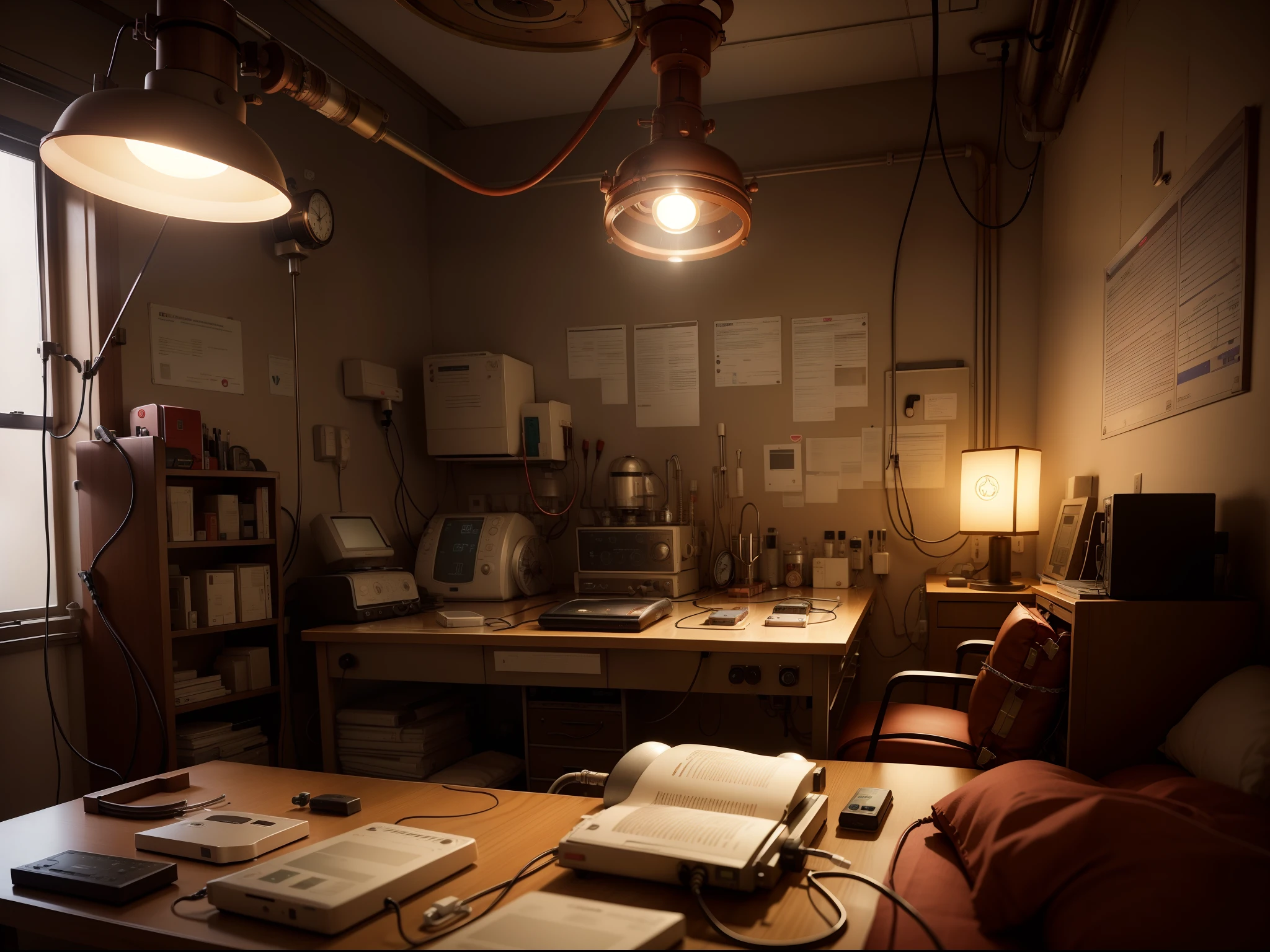Hospital, medical instruments, Sem humanos, red alert lamp, eletrocardiogram, heart monitor machine, Steampunk