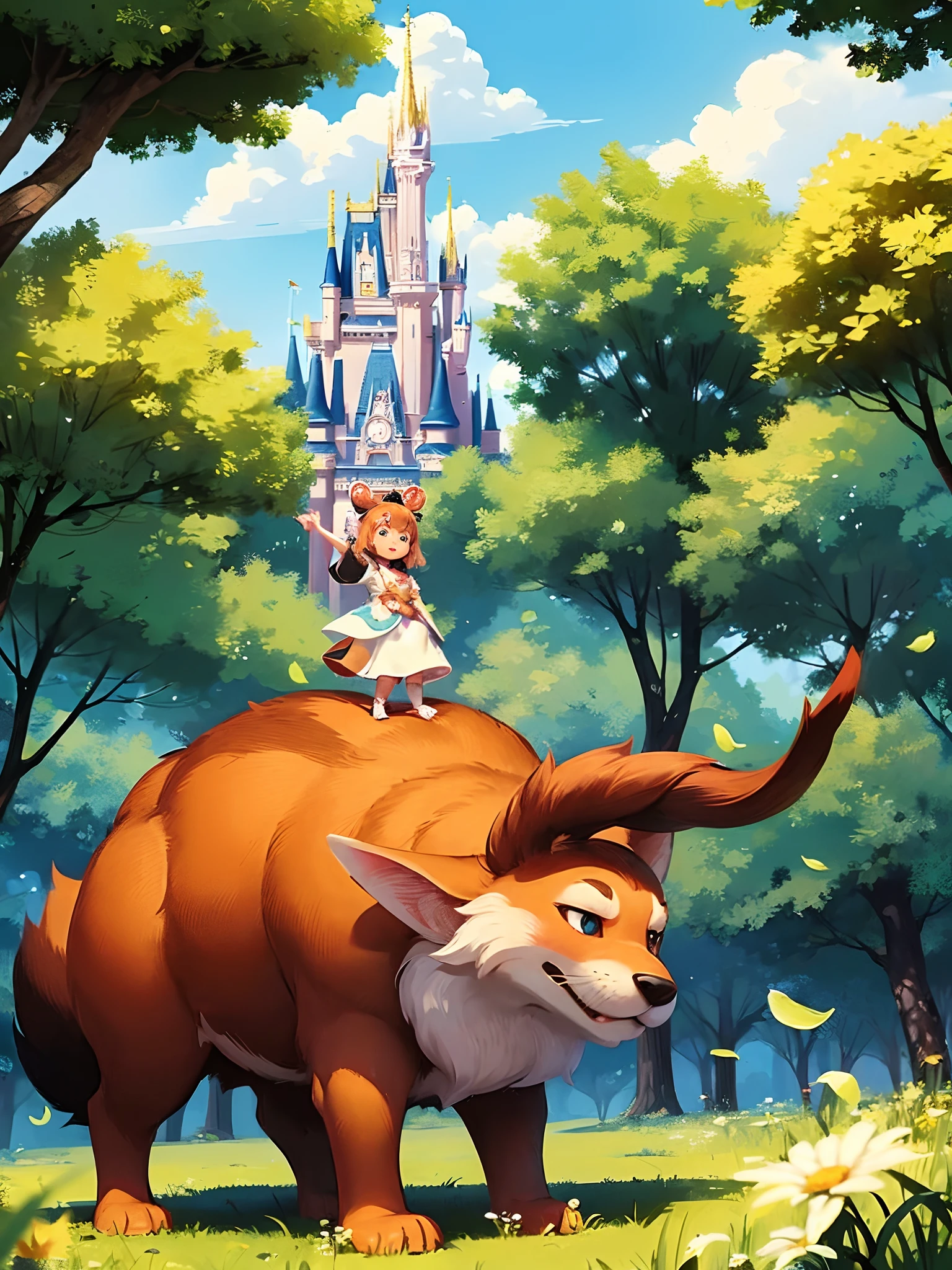 Lucy embarks on this journey with a brave heart。She meets all kinds of critters and elves in the forest,Disney style,Animate,Cartoony