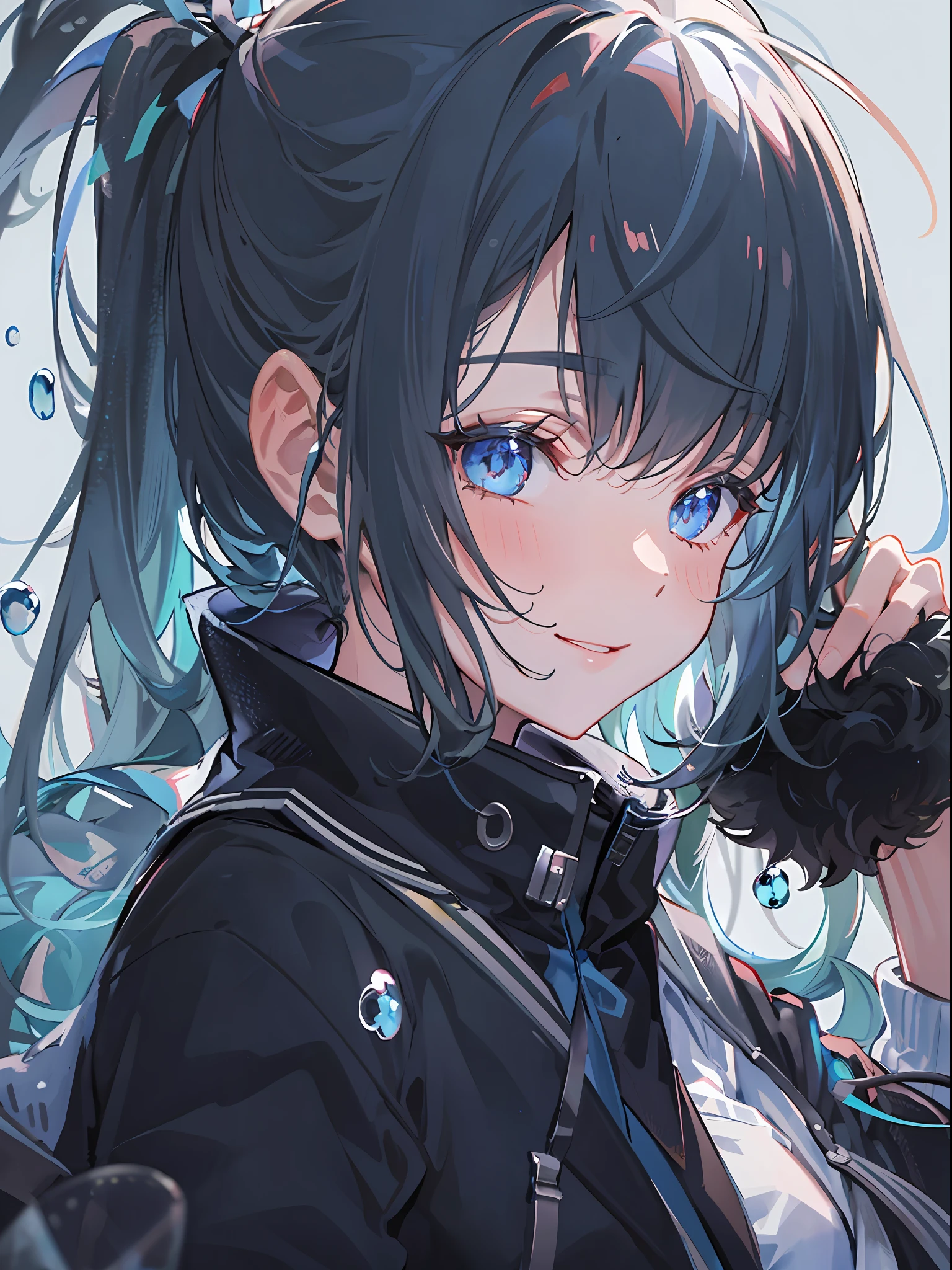 ((top-quality)), ((masterpiece)), ((ultra-detailliert)), (extremely delicate and beautiful), girl with, 独奏, cold attitude,((Black jacket)),She is very(relax)with the(Settled down)Looks,A dark-haired, depth of fields,evil smile,Bubble, under the water, Air bubble,bright light blue eyes,Inner color with black hair and light blue tips,Cold background,Bob Hair - Linear Art, shortpants、knee high socks、White uniform like school uniform、Light blue ribbon ties、Clothes are sheer、Hands in pockets、Ponytail hair、