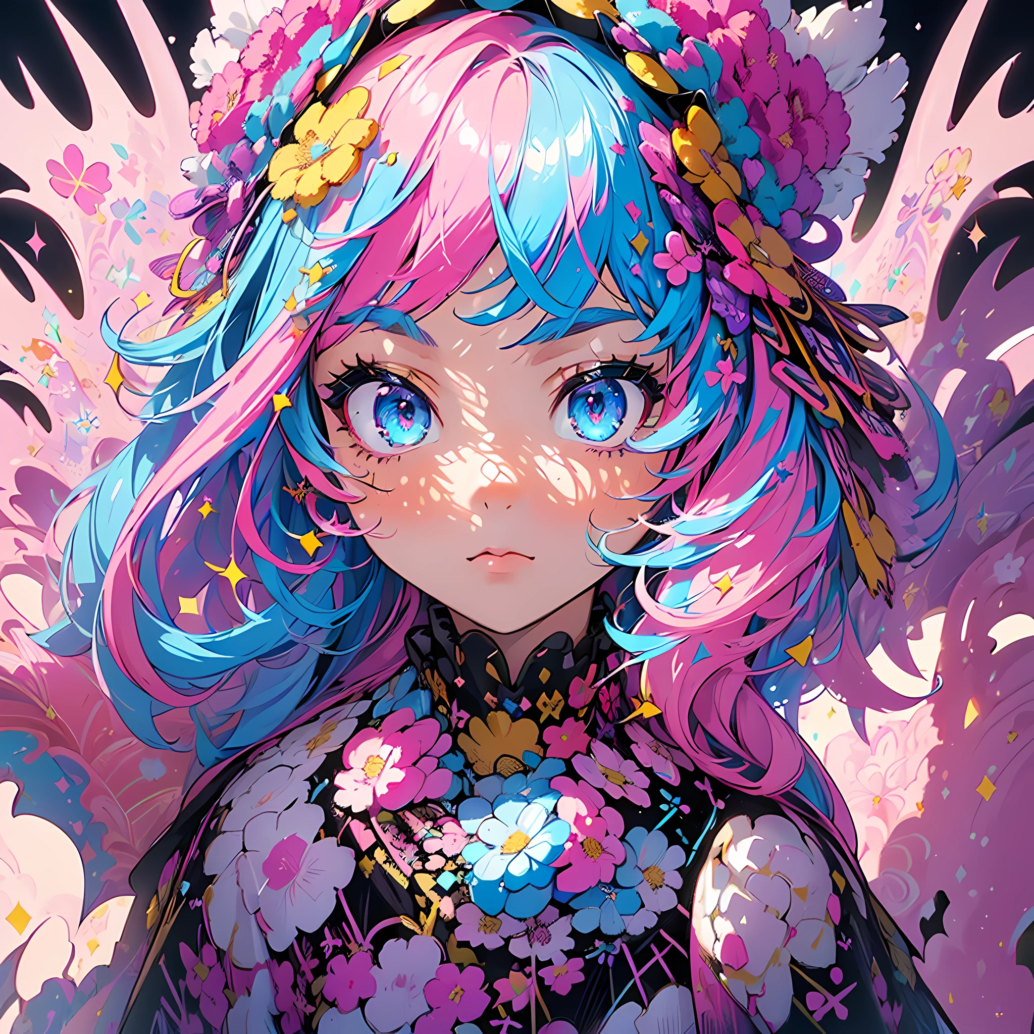 (flowercrown),(1girl in, Solo:1.6),(Best Impact:1.5), (maximalism:1.7),Vivid contrast, (Realistic), hyperrealistic illustrations, hight resolution, ultra-detailliert, absurderes,(Fractal Art:1.3)、Random hairstyle、Random hair color colorful、Iridescent eyes、FULL BODYSHOT、Retro、Precise focus、randome pose、cinema4d、Dramatic