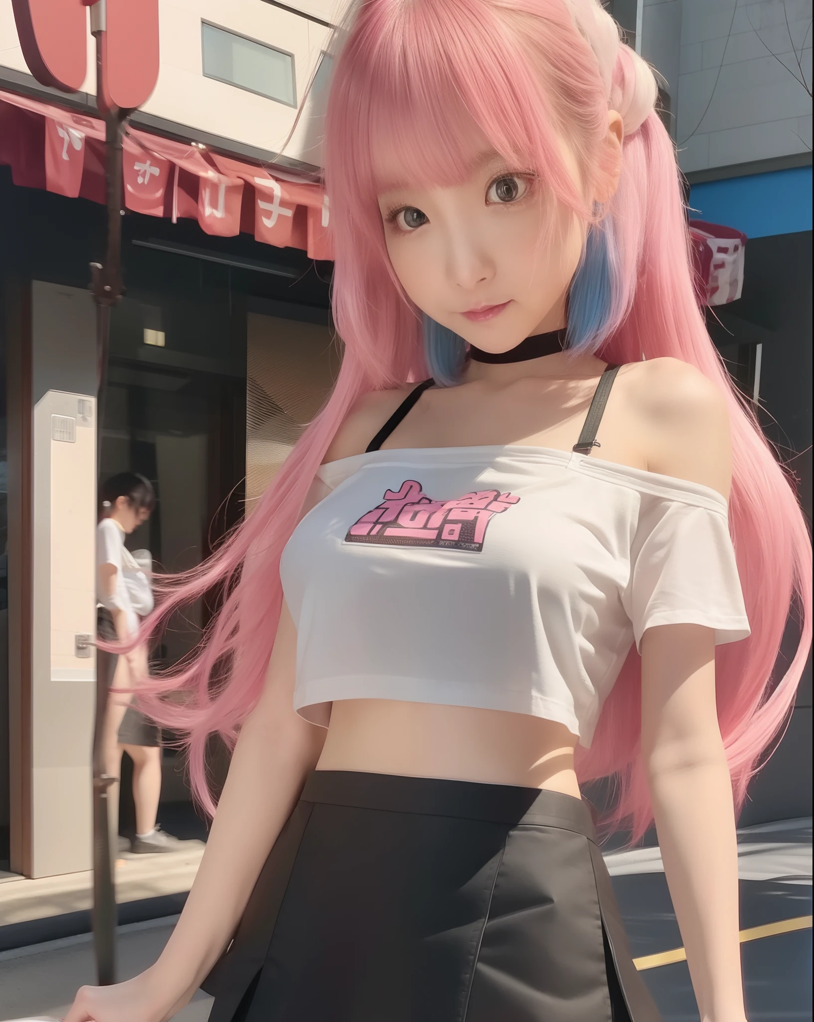 (Solo), japanese girl, pink hair, white shirt, black short skirt, (huge breast : 1.5), blue eyes