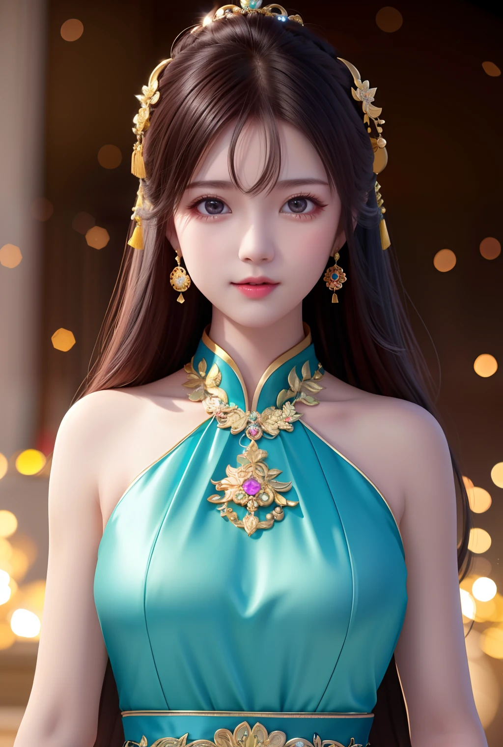 best quality, masterpiece, highres, 1girl,china dress,hair ornament,necklace, jewelry,Beautiful face,upon_body, tyndall effect,photorealistic, dark studio, rim lighting, two tone lighting,(high detailed skin:1.2), 8k uhd, dslr, soft lighting, high quality, volumetric lighting, candid, Photograph, high resolution, 4k, 8k, Bokeh,
 cyan close