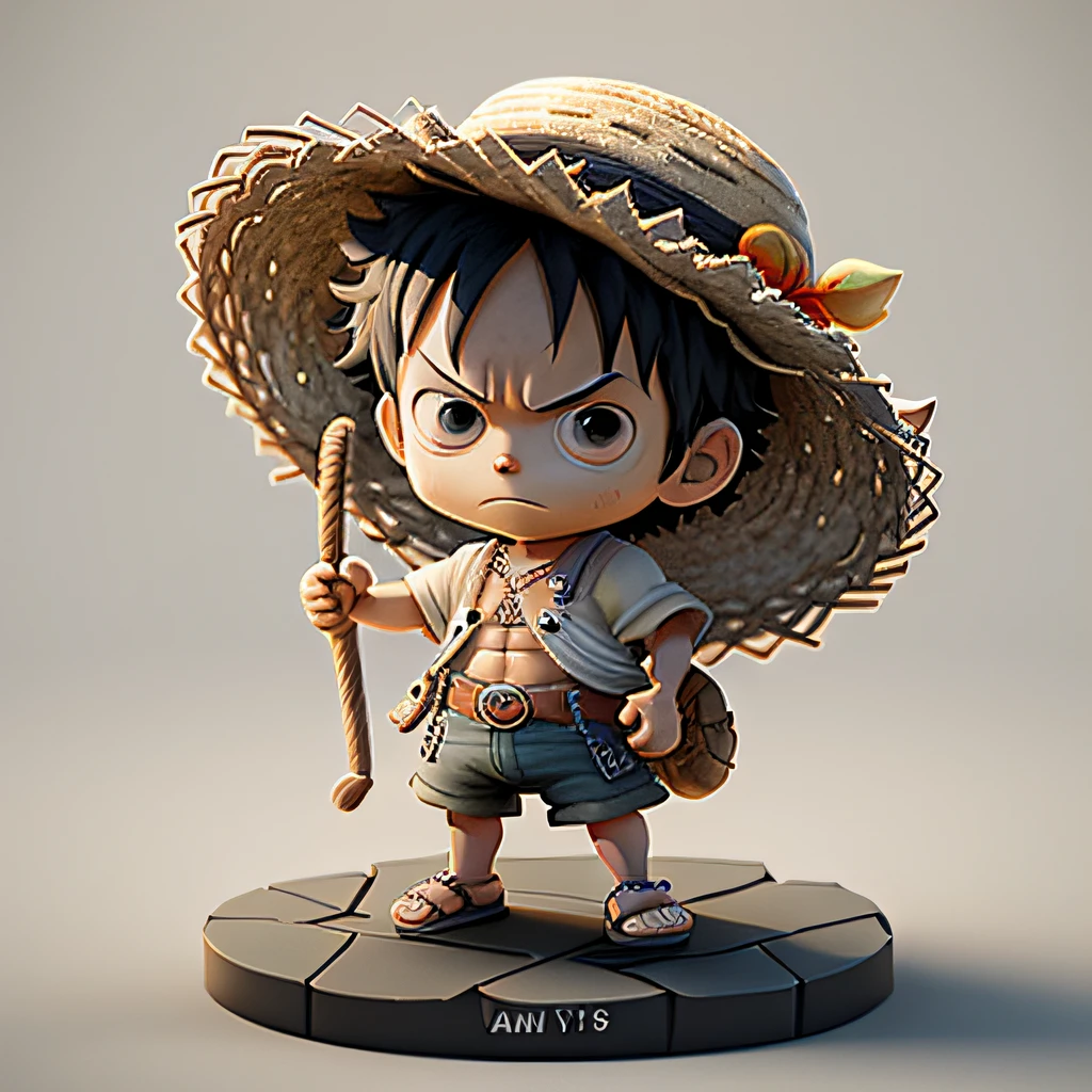luffy，One Piece，Delicate straw hat，Arm carving，White hair all over，Delicate flip-flops，Eye portrayal，Exquisite Hair，Popmart blind box，Clay texture，Treading on the ground，Black and white background，natural  lightting，Best quality at best，hyper-detailing，arte 3D，c4d, OC renderer, a 3D render, 8k