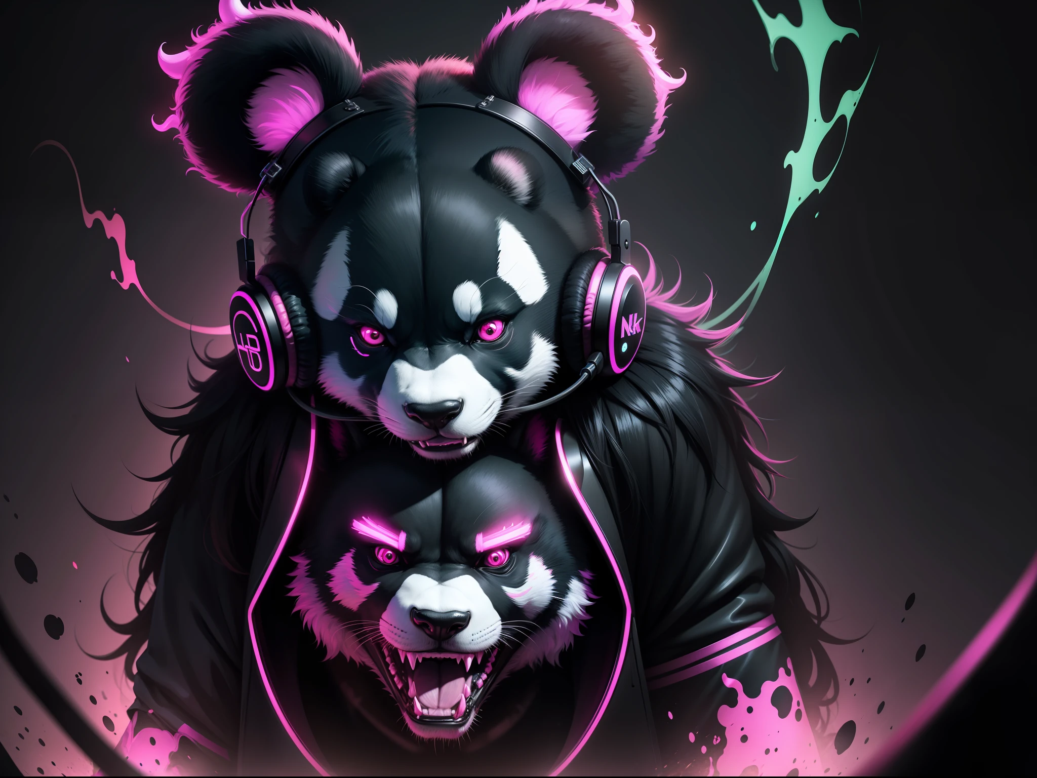 Animal panda neon insane demonic horror with headphone 8k