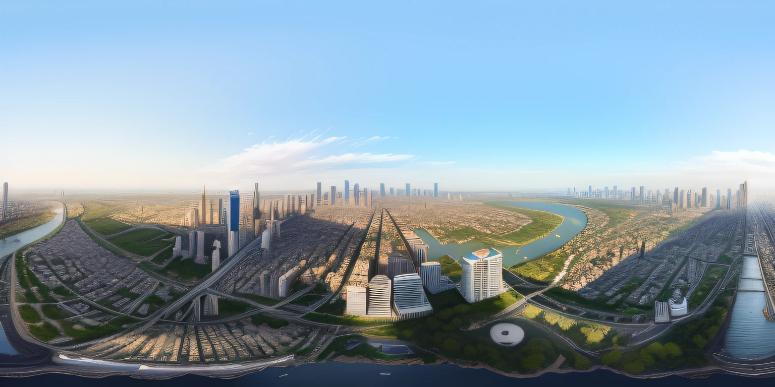Intimate aerial view of the city with rivers and bridges, super wide view of a cityscape, hyper wide view, 3 6 0 render panorama, panoramic view of a city, 3 6 0 panorama, wide long view, Wide view, in a panoramic view, super wide angle view, panoramic widescreen view, 360-degree view, very wide angle shot