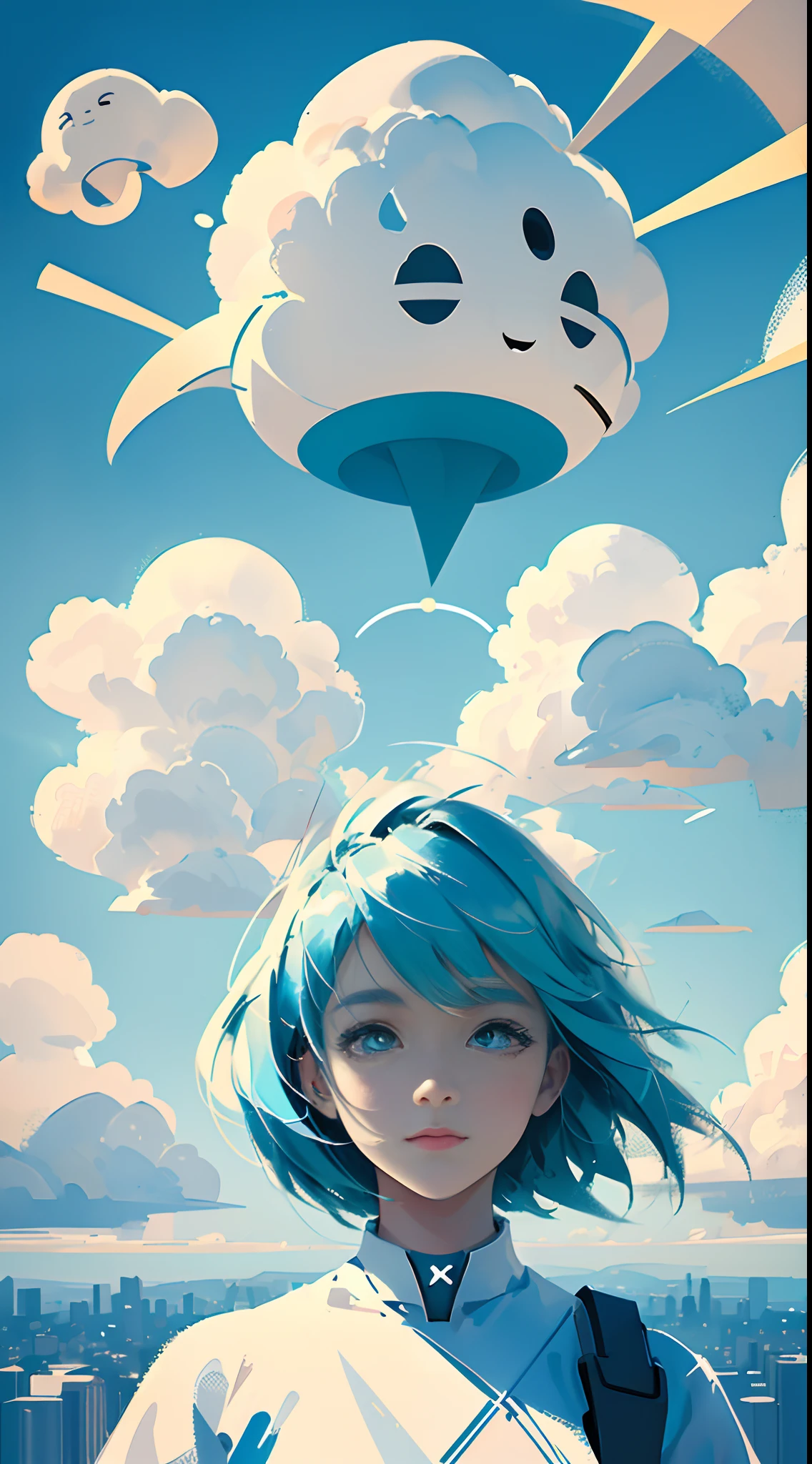 masterpiece, best quality, movie still, 1girl, floating in the sky, cloud girl, cloud, (close-up:1.1), bright, happy, fun, soft lighting, (Bauhaus, shapes, lines, abstract:1.1)