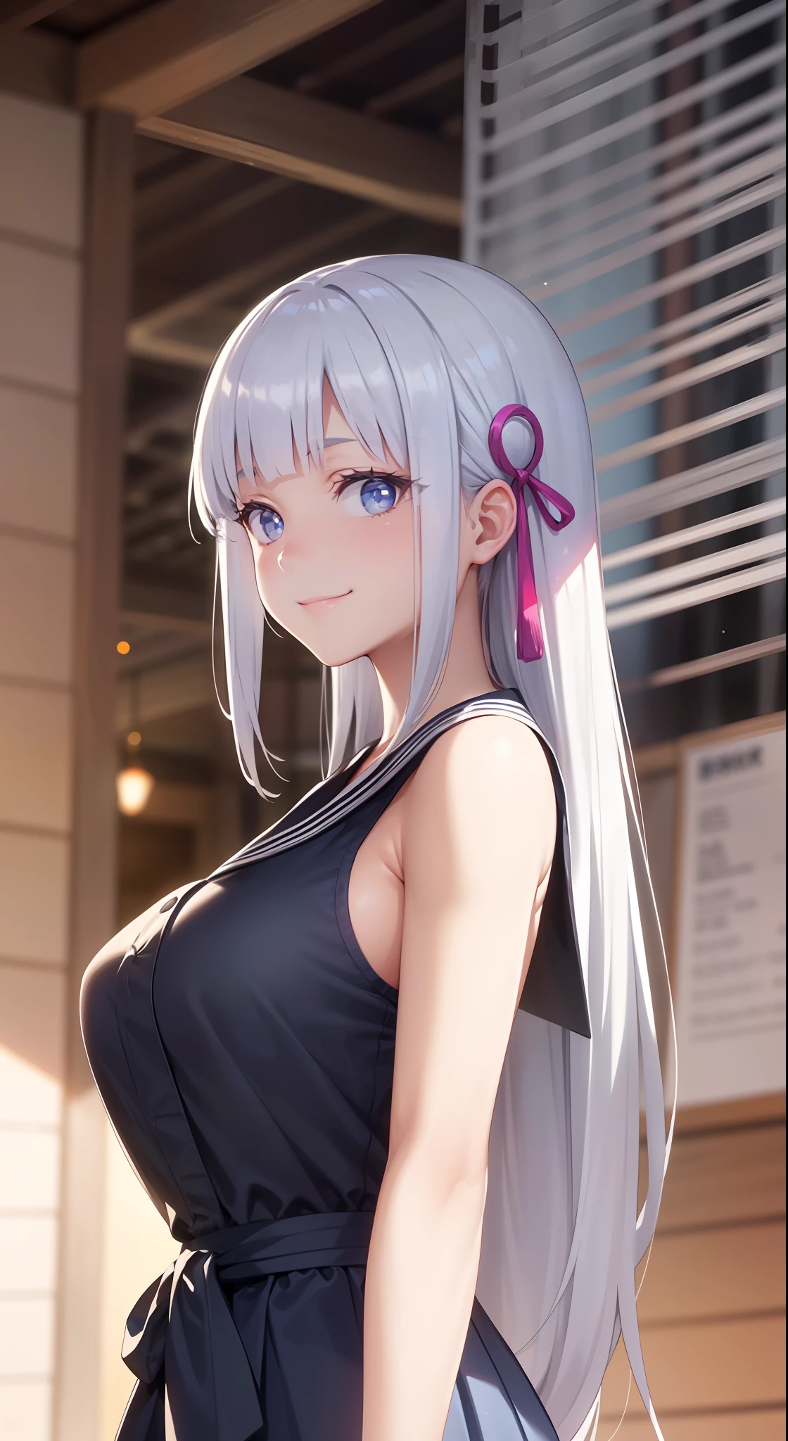 hair ornament, very long hair, japanese clothes, professional artwork, Intricate Details, field of view, sharp focus, detailed painting, photorealistic lighting, trending on pixiv, Standing at attention, (( girl, summer school outfit)), ((large breasts:1,3)), Beautiful body,Beautiful Nose,Beautiful character design, perfect eyes, perfect face, looking at viewer, SFW,official art,extremely detailed CG unity 8k wallpaper, perfect lighting,Colorful, Bright_Front_face_Lighting, (masterpiece:1.0),(best_quality:1.0), ultra high res,4K,ultra-detailed, photography, 8K, HDR, highres, absurdres:1.2, Kodak portra 400, film grain, blurry background, bokeh:1.2, lens flare, (vibrant_color:1.2), shikkoku_yorihime, (happy smile, cheers), ((looking at viewer, front body pose))