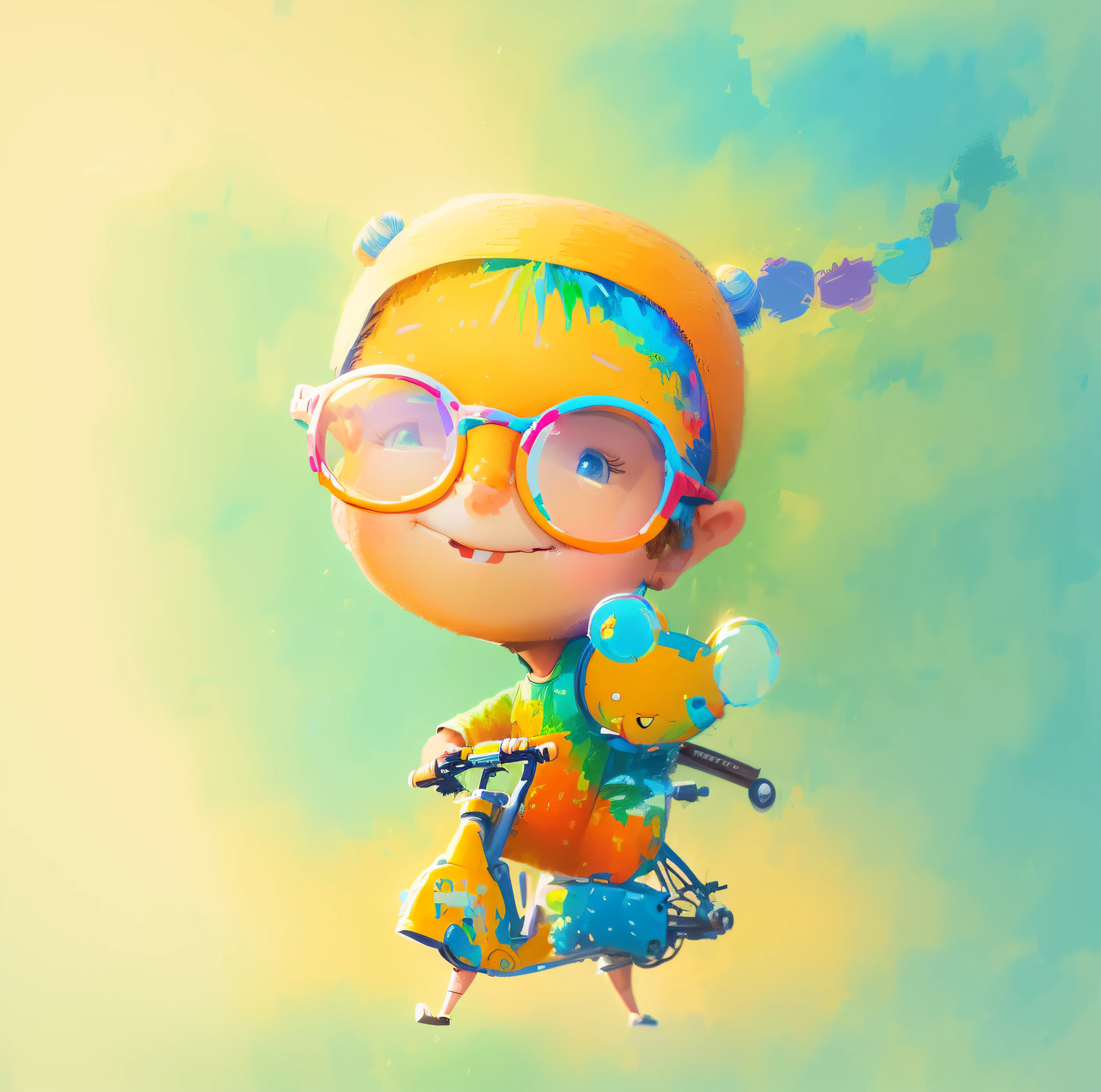 painting of a boy with glasses happily cycling on bike, childrens illustration, boy with glasses, children illustration, kids book illustration, children's illustration, childrenbook illustration, children book illustration, childrens book illustration, colorful kids book illustration, pixar cute character design, illustration for children, children’s book illustration, children's book illustration, adorable digital painting, by Alice Prin