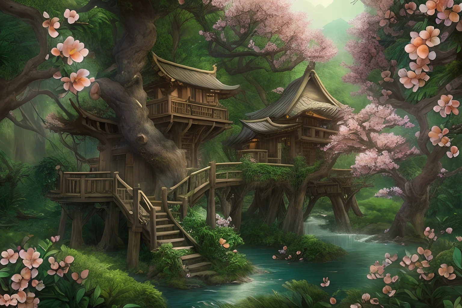 awardwinning, concept-art, fine art, epic fantasy digital art, bird's eyes view，Cinematic lighting,Downward view，super wide shot，Viewing angle from afar，depth of fields，The beauty of the fairytale forest，waterfallr，Quaint, Picturesque, Rustic, Lush big breasts, ((lawns;1.5)), ((Peach blossom tree:1.5)), Small rivers, ((Many tree houses)), ((The tree house is connected to the tree house by a wooden bridge)), ((Ivy is intricate)), Epic, ((Cinematic lighting)), High quality, High contrast, Realistic lighting,4K textures, photolab, hdr, ((iintricate)), elegant, Highly detailed, Sharp focus, insanely details, Intricate details, ultra - detailed, Harsh movie light, Outdoor atmosphere,tmasterpiece，best qualtiy，（Very detailed CG unity 8K wallpaper），（best qualtiy），（Most Best Illustration），（Best shadow），glowing sprites，Natural elements in the forest theme。Mysterious Forest，Beautiful forest，naturey，surrounded by flower，Delicate leaves and branches are surrounded by fireflies（nature elements），（Jungle theme），（Foliage），（tree branch），（Particle effect）wait。3D ，  Ray traching，