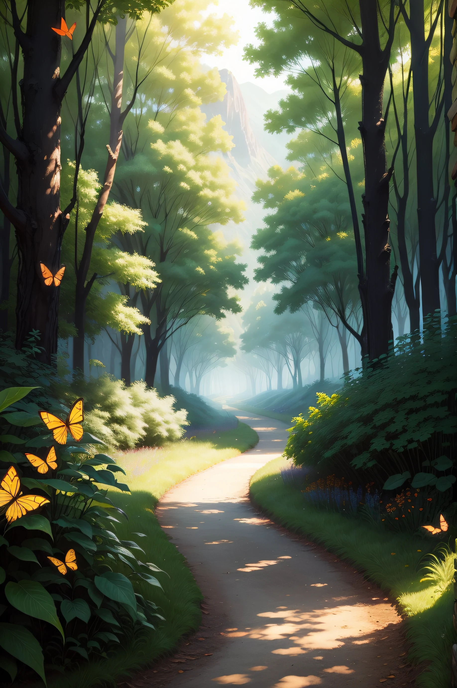 Mysterious path, a mysterious plant, butterflies flying