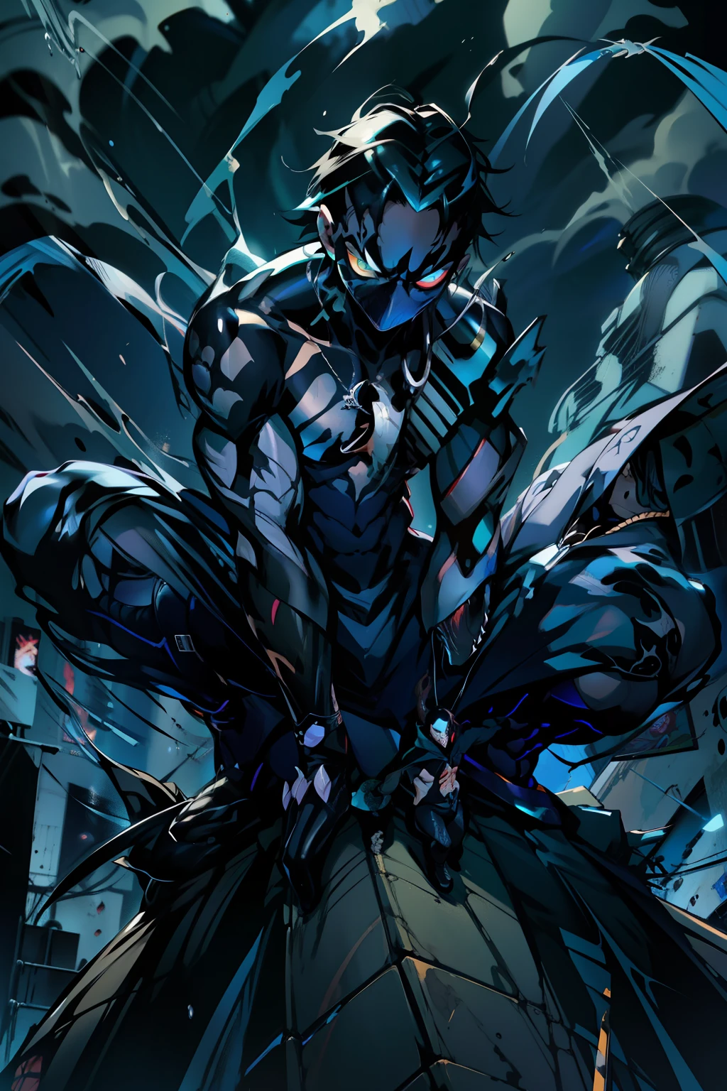 《the original god》Arataki Kazuto , male people, chest muscle, Sexy , Venom symbiote for your body, Black mucus of the body , into venom, venomize,Black bodysuit,(Cloak),Red cape,Abs,(Adult male)((Venom possession,venom symbiote)),over-Tortoise Man,Battle damage,((Masterpiece)), ((Best quality)), Ultra detailed,((illustration)), Dynamic Angle, Detailed light, (Delicate eyes), Floating, 1boy, Male focus, Head, Clothing, Yellow eyes, necklace, tattoo, (Forehead:0.8), (ahoge:0.8), jewelry, brunette color hair,apathy,Ray, chest muscle, Sexy , Venom symbiote for your body, Black mucus of the body , (into venom), Venom,frontage,Bust photo,White tight-fitting top,spiderman outfit,style of anime4 K, 4K anime wallpaper, Badass anime 8 K, 4 k comic wallpaper, young anime man, Anime boys, Anime wallpapers 4 k, Anime wallpaper 4K, High quality anime art style, Anime moe art style, Anime art wallpaper 8 K, Anime art wallpaper 4 K, RGB lighting,