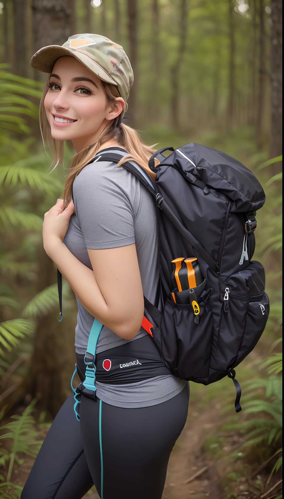 mulher linda arafed com cintura fina, Quadril fino e bota tonificada, a backpack and a bottle of water in a forest, roupas de caminhada, tight legging pants, legging pants has, usando equipamento de aventura, com uma mochila, equipamento de aventura, carrying survival gear, usando equipamento de aventura, Trekking em uma floresta, com dois bolsos frontais, incrivelmente detalhado, ao ar livre, with a happy expression, foto de retrato detalhada, carregando um saco de selim, Belas vistas, Dia de Corinne