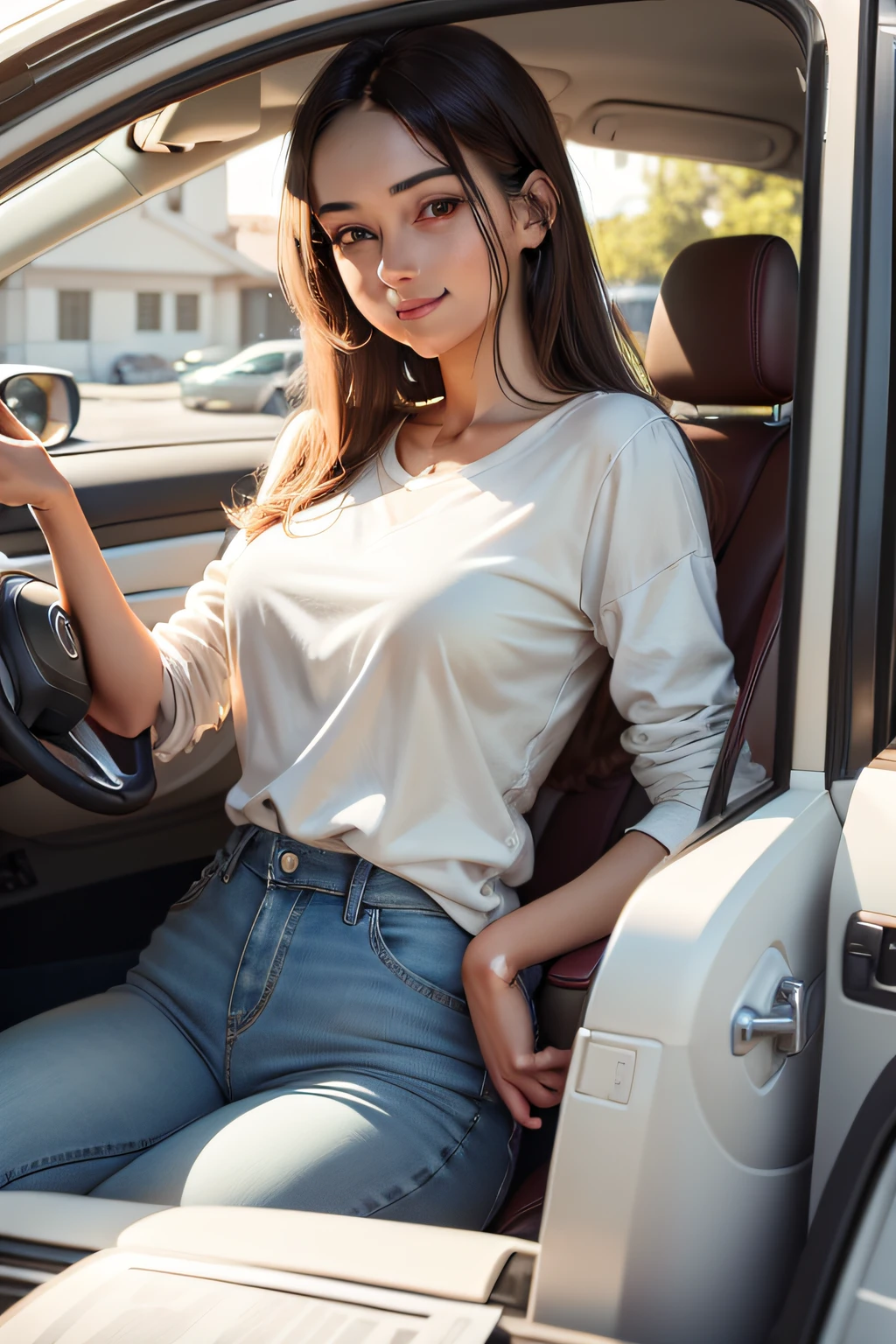 "A detailed illustration of a young woman in jeans and white shirt, sentada dentro de um carro, with the document in hand, expressing happiness at having earned his driving licence".