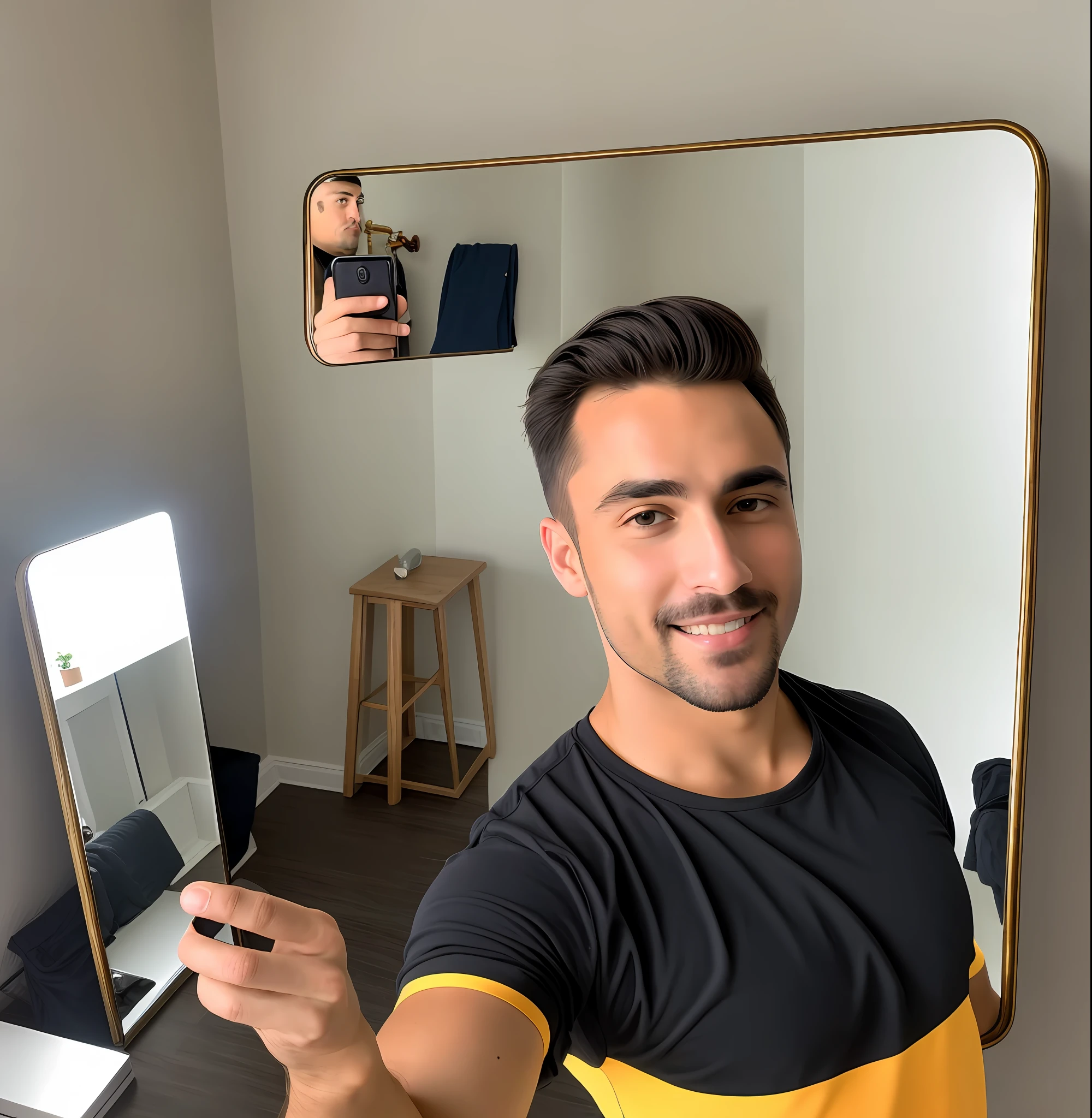 there is a man that is taking a selfie in the mirror, Very, very high quality pictures, 10k selfie photos, high-quality photo, high-quality photo, Lifting visor in the picture, Mirror selfie, selfie shot straight on angle, Profile picture 2910px, Phone photos are very, very, very high quality