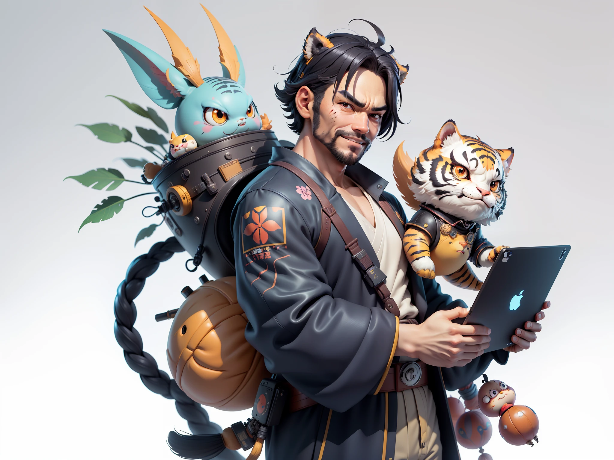 (Daisaku),(Need),(Super meticulous),(full bodyesbian:1.2),Super young man with Japanese geisha，Beautiful，orient，one tiger，Aeolian Thor，Raised sexy，爆乳，Oriental face，TV Anchor，Bust portrait illustration，In black suit，a blue tie，The face is slightly chubby，The face was clean，without a beard，Black super short hair，Black eyes，Smile confidently，3C computer sub-products，iPad， iphone，Digital painting，3D character design by Mark Clairen and Pixar and Hayao Miyazaki and Akira Toriyama，The illustration is a high-definition illustration in 4K resolution，With very detailed facial features and cartoon-style visuals。
