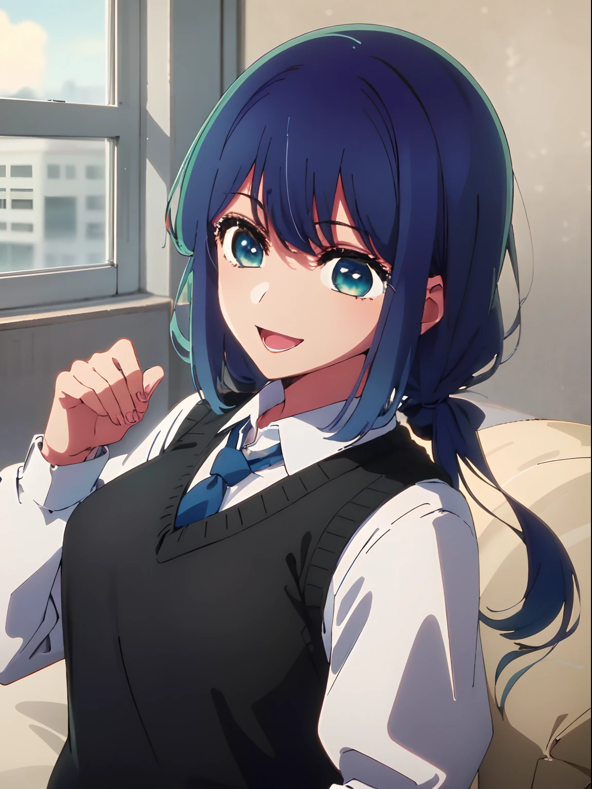 beautiful lighting, 1girl in, 独奏, Akane, white shirt, Sweater Vest, Black vest, Blue tie, ((anime styled))、((2D))、A smile、Open your mouth、(((Twin-tailed)))