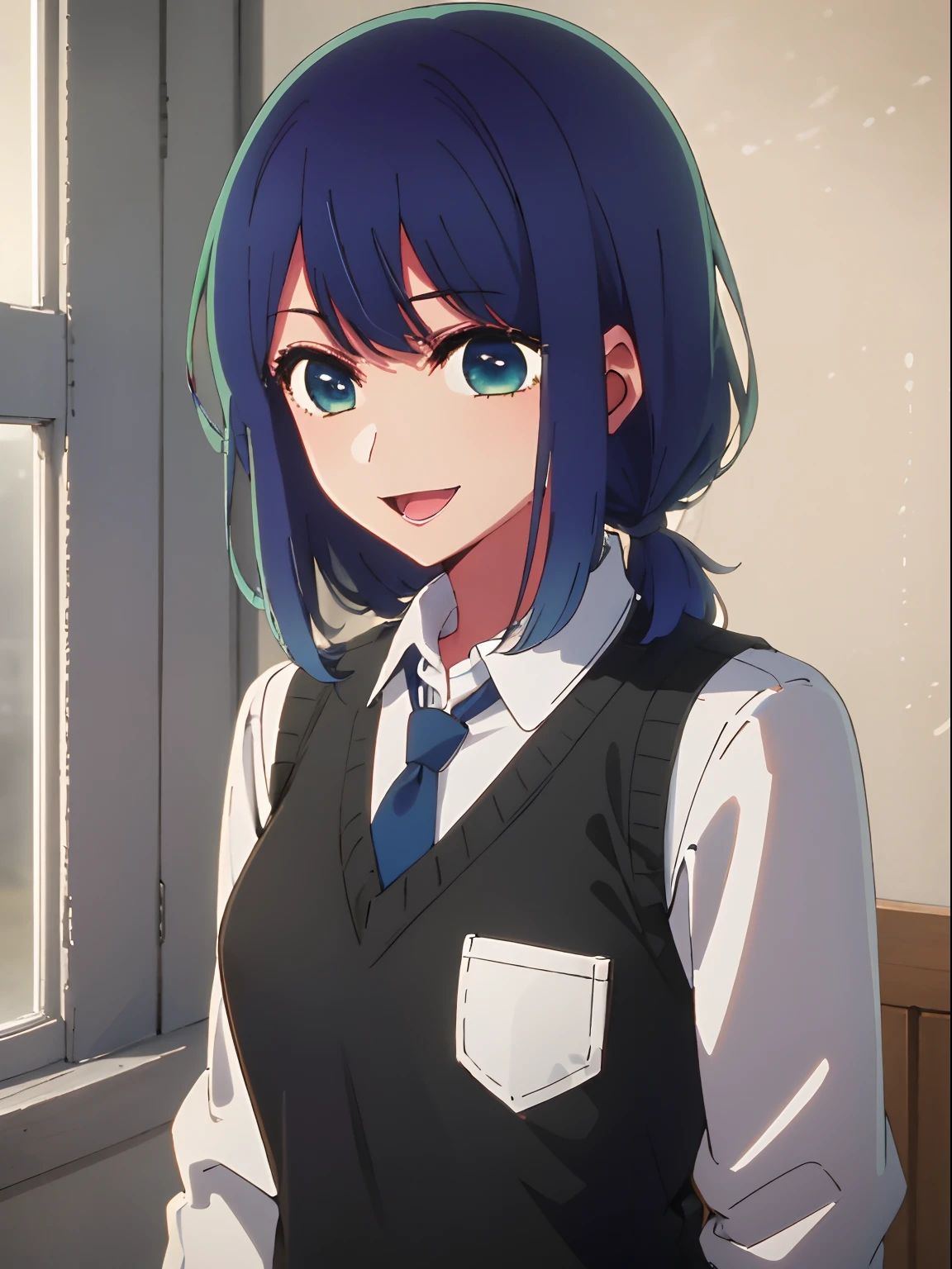 beautiful  lighting, 1girl in, 独奏, Akane, white  shirt, Sweater Vest, Black vest, Blue tie, ((anime styled))、((2D))、A smile、Open your mouth、(((Twin-tailed)))