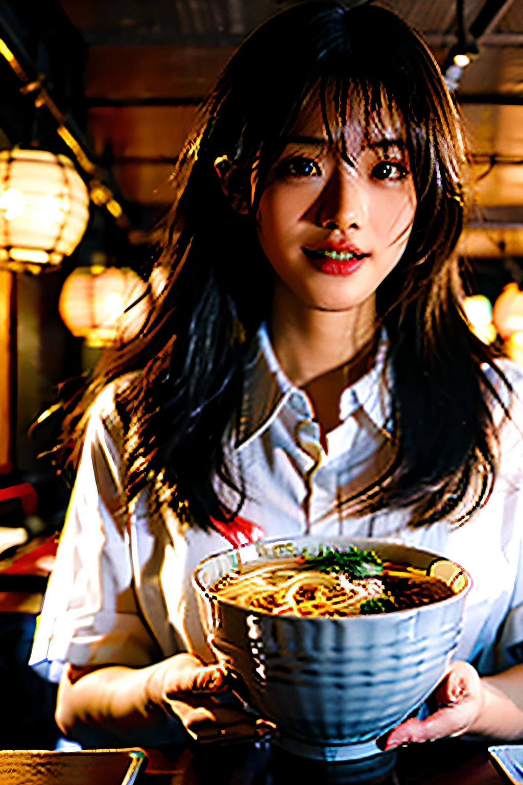 (masterpiece), best quality, ultra high res, close up, slim body, 1girl,school uniform, long hair, laughing, ramen, night, Tokyo restaurant background, colorful lights, photon mapping, radiosity, physically-based rendering, cinematic lighting, intricate, High Detail, Sharp focus, dramatic, photorealistic