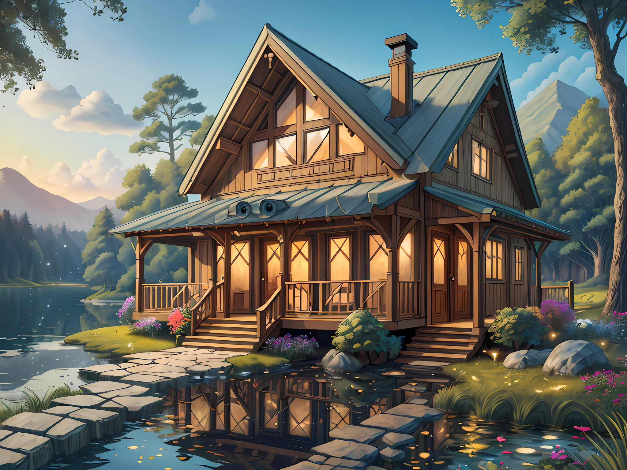 (masterpiece),(best quality),(ultra-detailed), luxurious cottage with covered porch, cottagecore, idyllic ambience, modern beautiful house, peaceful scenery, wonderful masterpiece, cute cartoon world, beautiful background