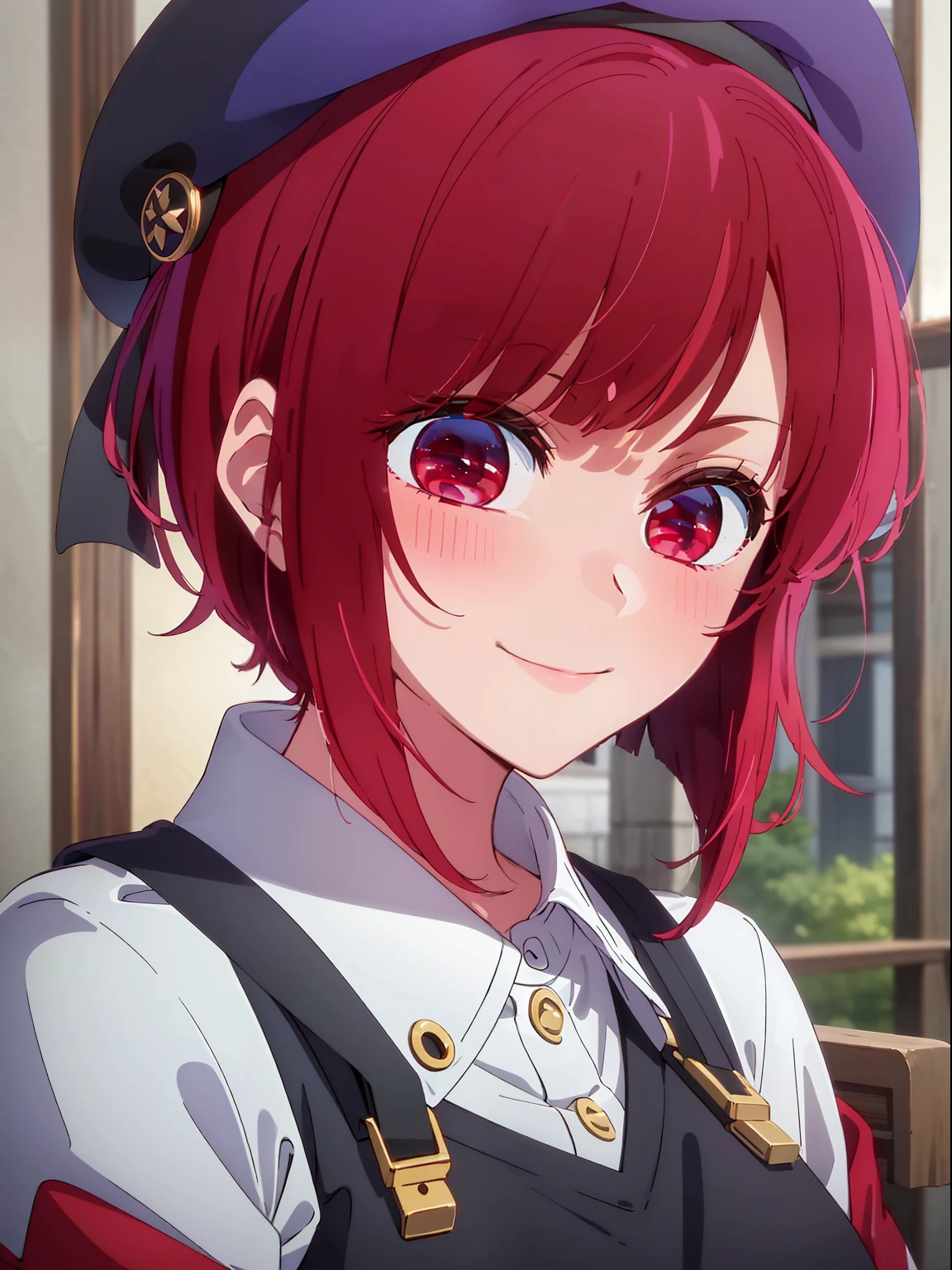 ​masterpiece、ighly detailed、(1 girl in:1.2)、Red hair、Learn uniforms、big eye、a closeup、A smile、8K、short-hair、beret、(((anime styled)))、Shining eyes