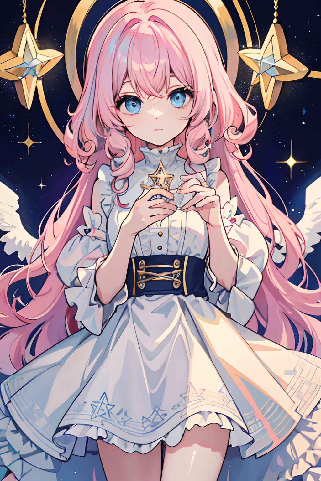 Masterpiece, Rich in details, Delicate, Cute, Light pink hair, Light blue eyes, Curly hair, stars, pentacle, glitters, full bodyesbian